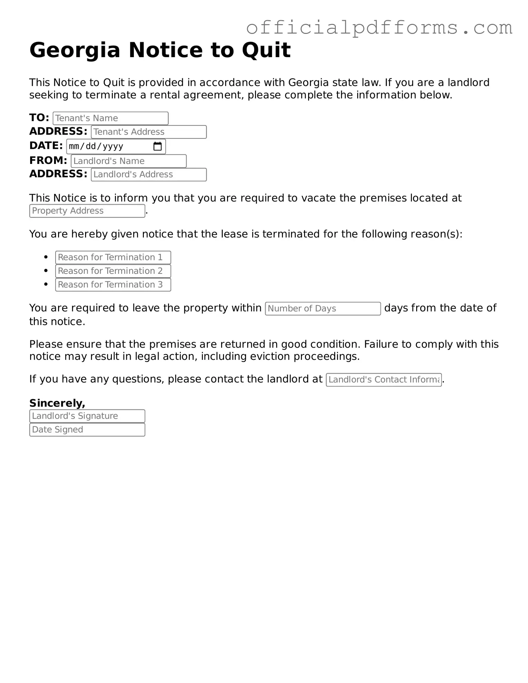 Printable Georgia Notice to Quit Template