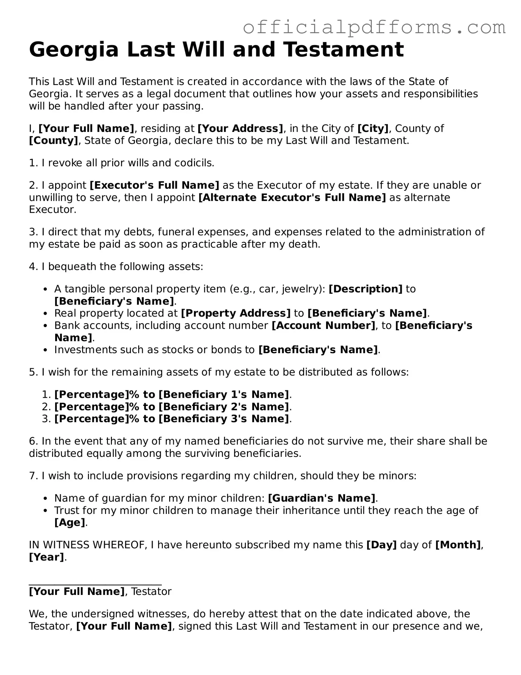 Printable Georgia Last Will and Testament Template