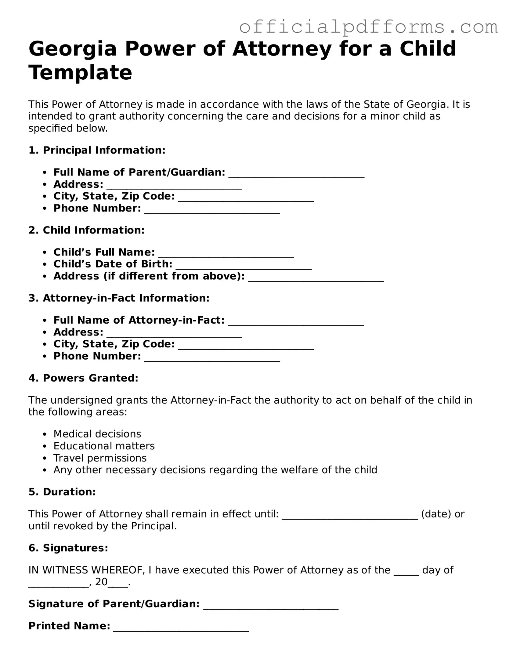Printable Georgia Power of Attorney for a Child Template