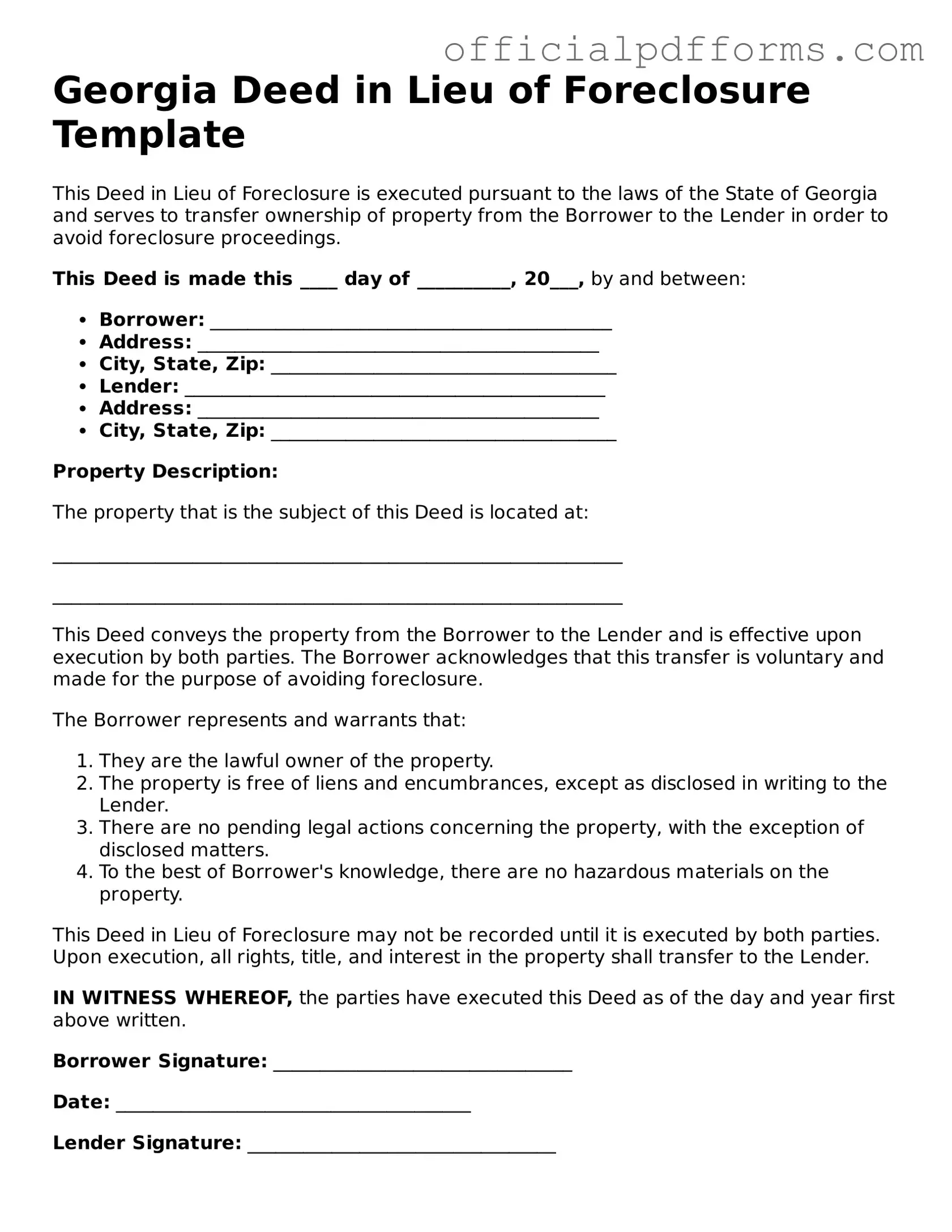 Printable Georgia Deed in Lieu of Foreclosure Template