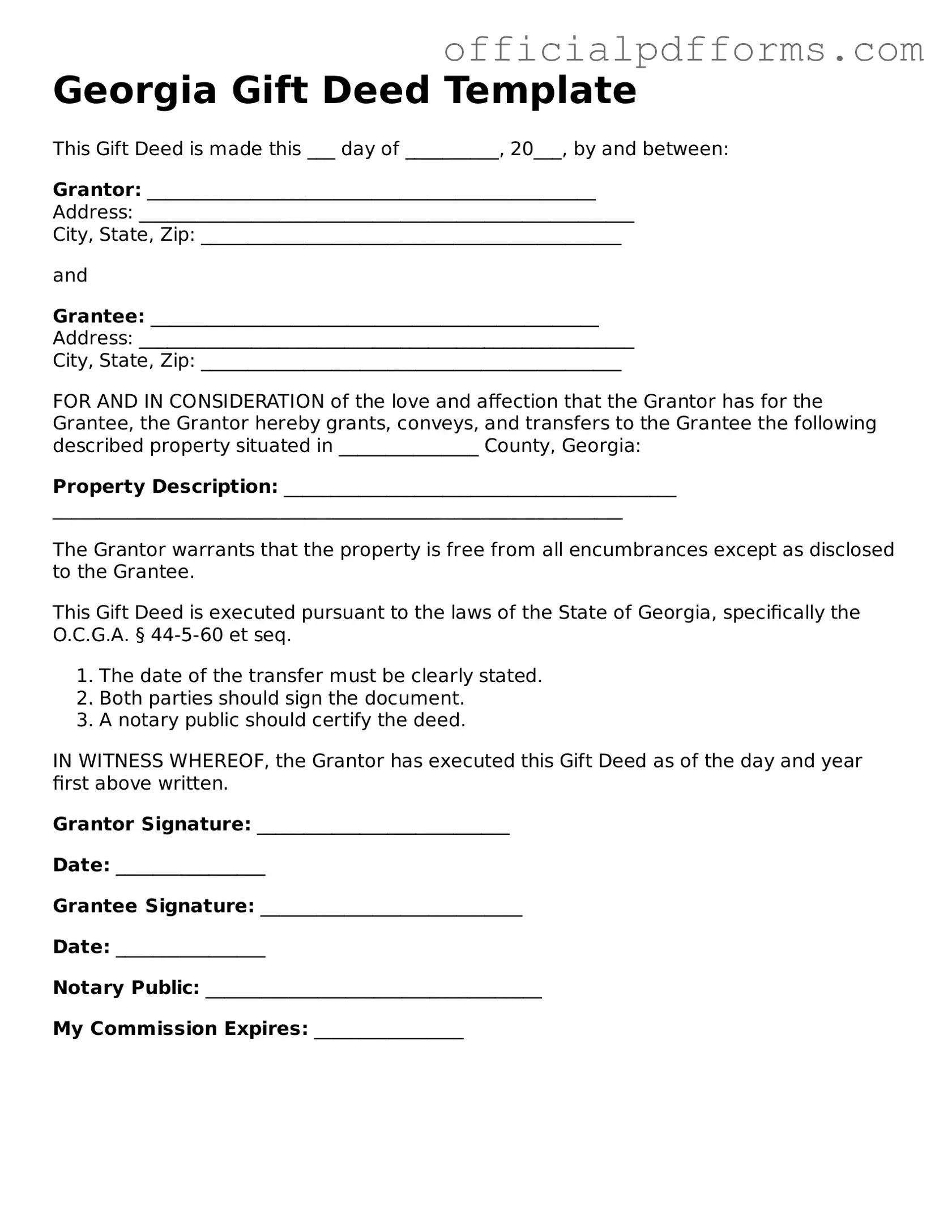 Printable Georgia Gift Deed Template