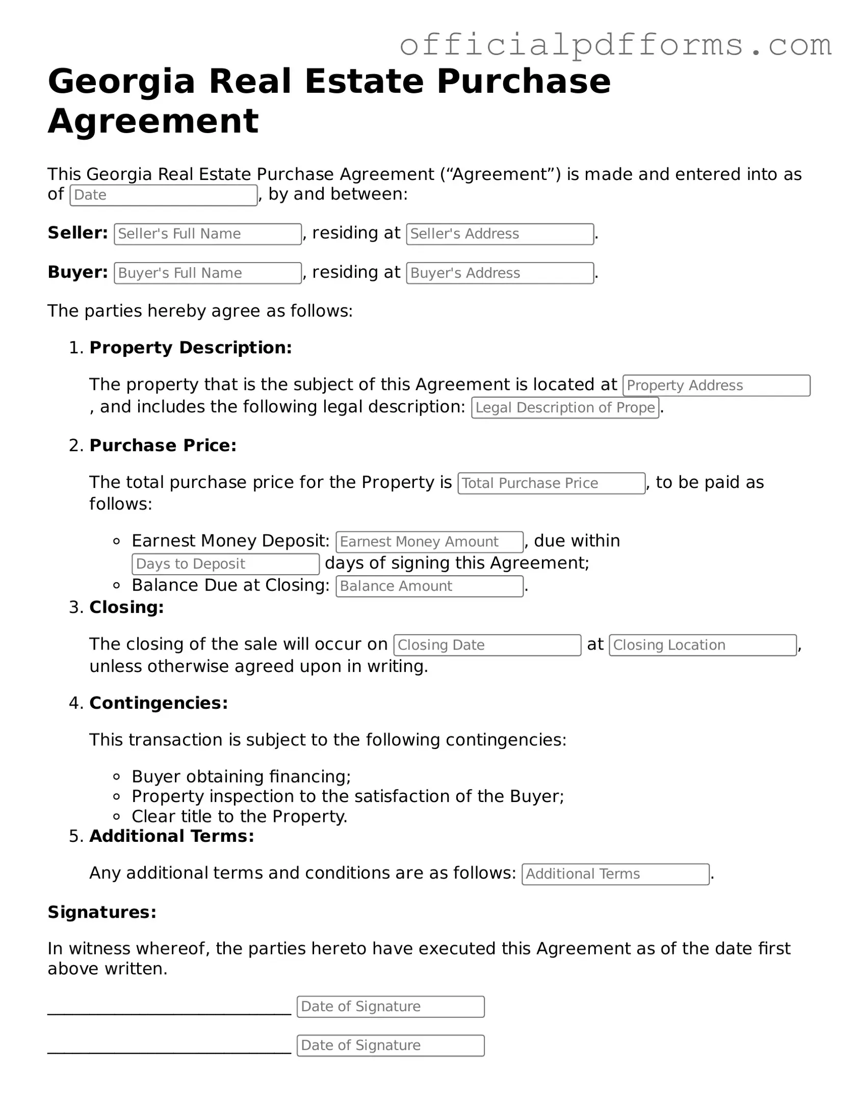 Printable Georgia Real Estate Purchase Agreement Template