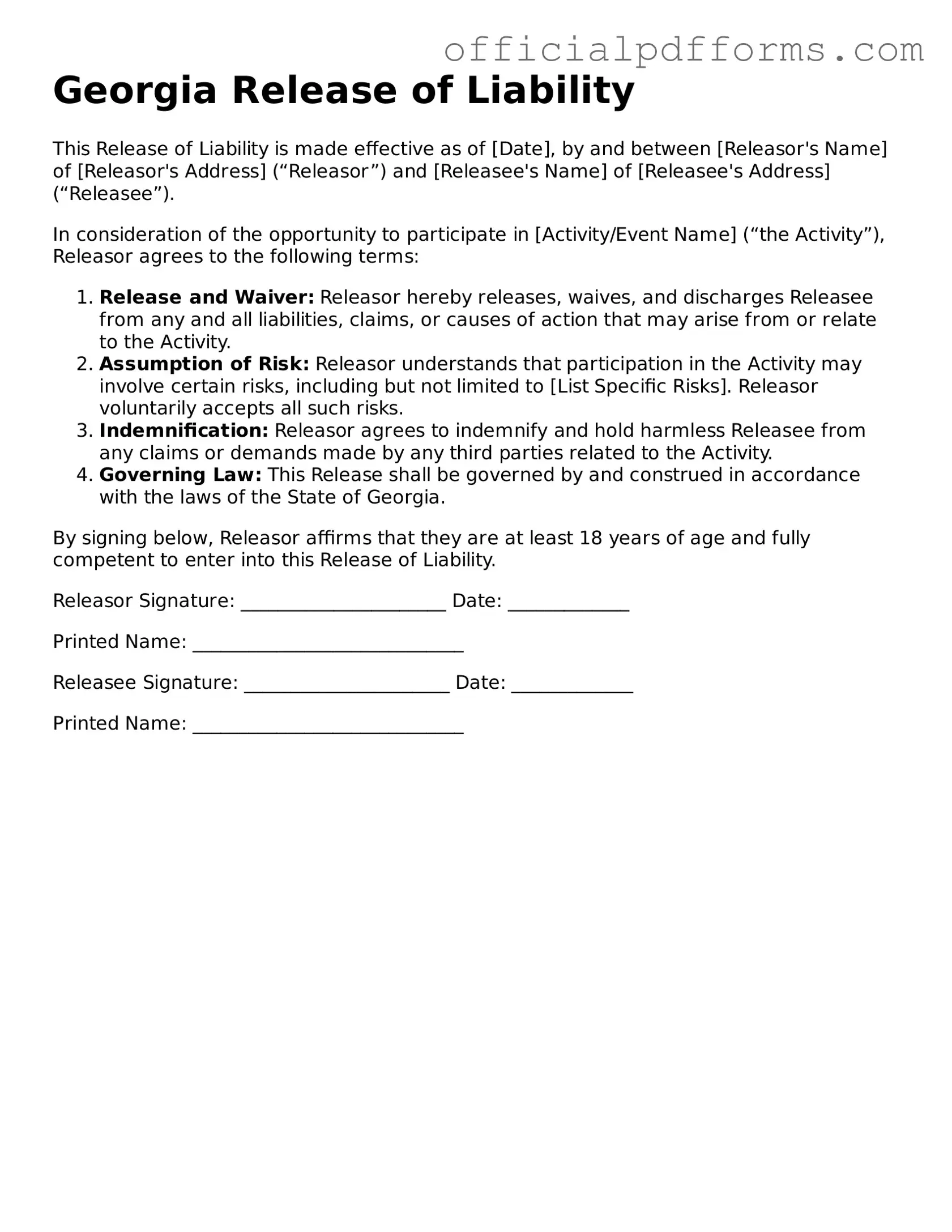Printable Georgia Release of Liability Template