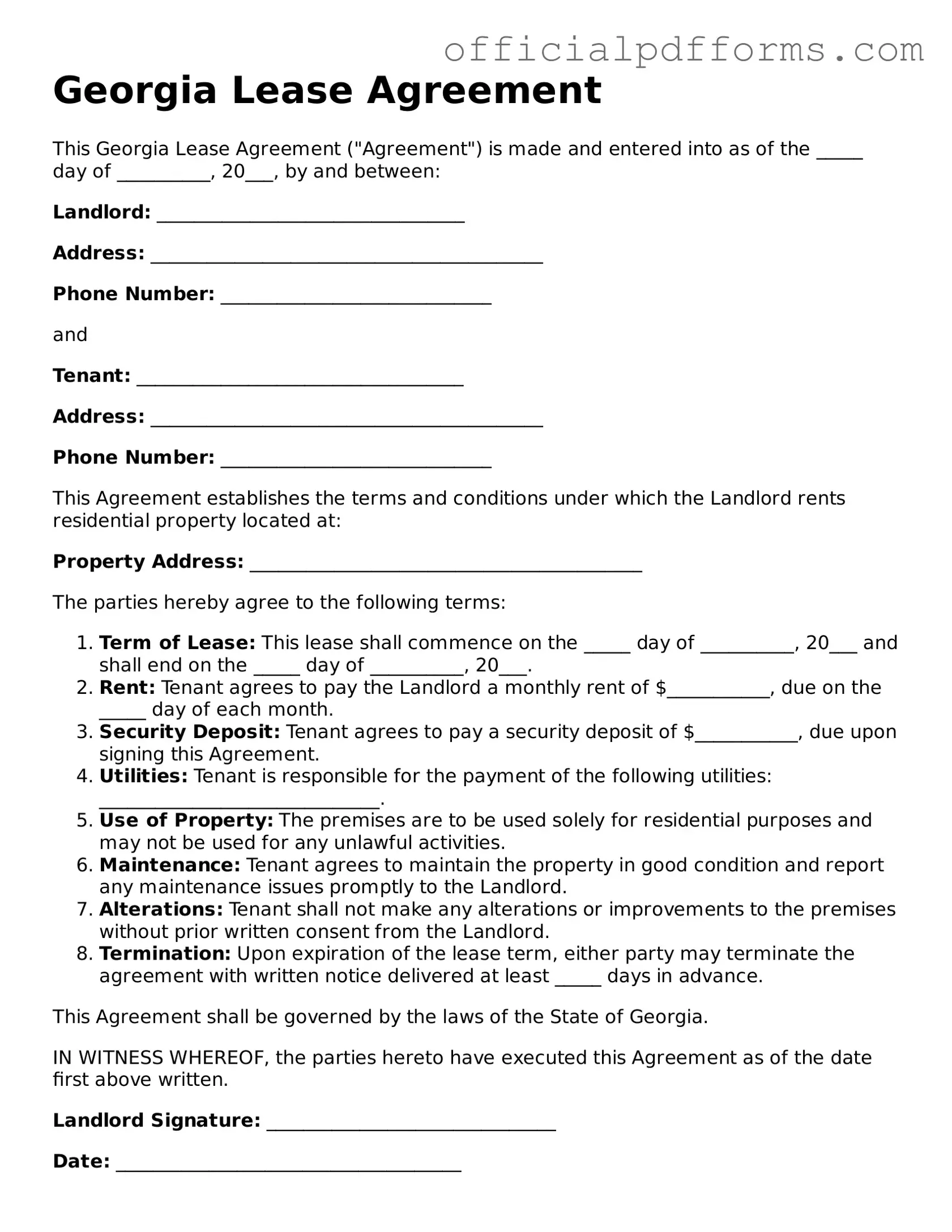 Printable Georgia Lease Agreement Template