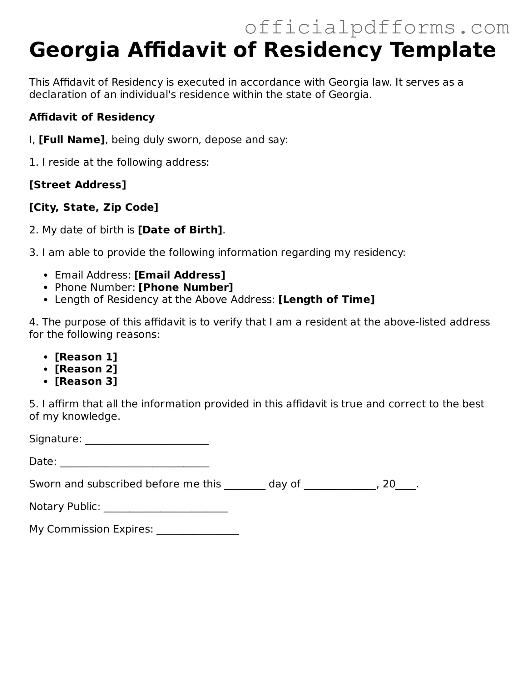 Printable Georgia Affidavit of Residency Template