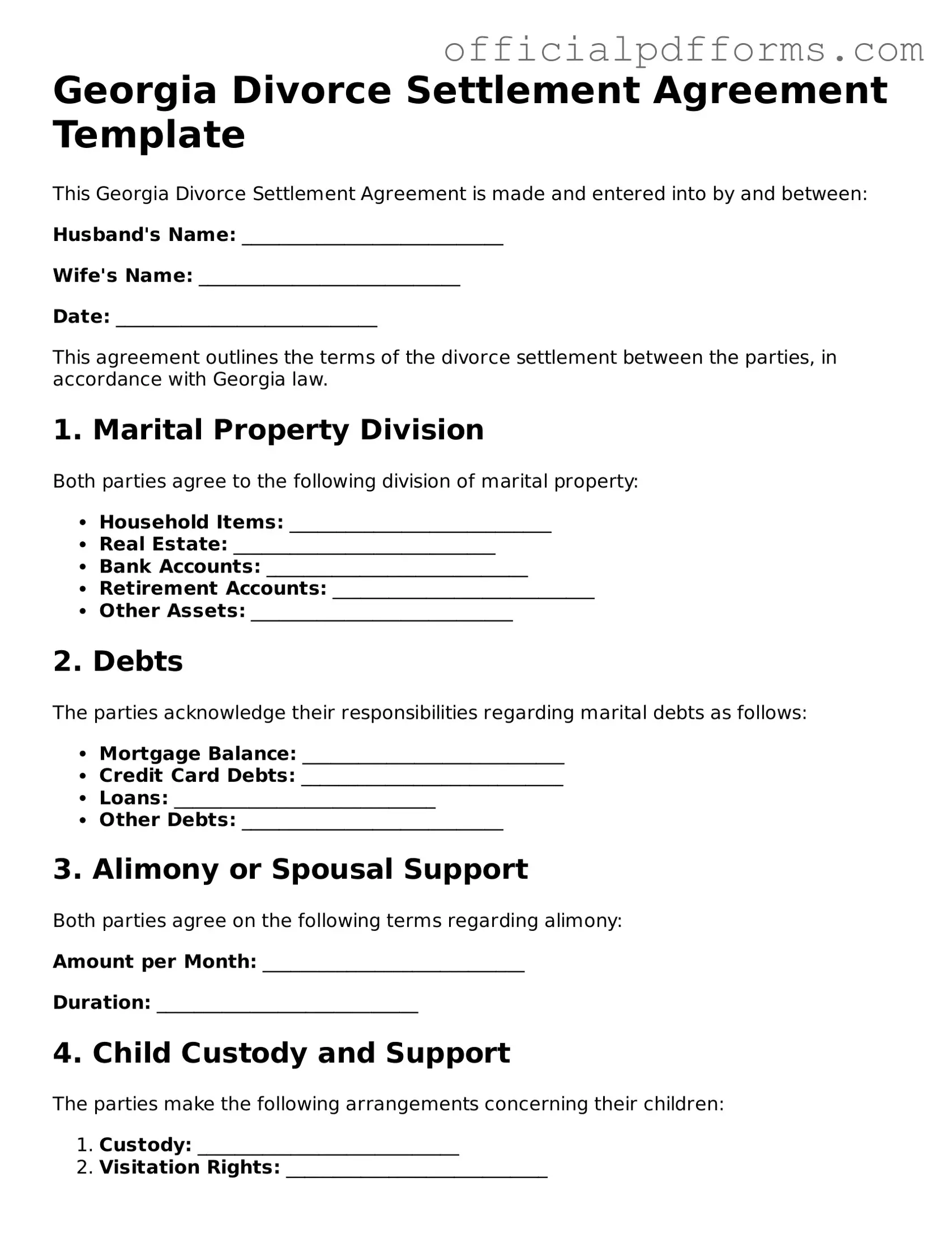 Printable Georgia Divorce Settlement Agreement Template