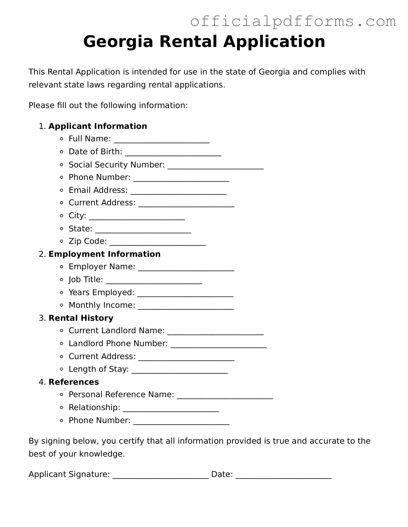 Printable Georgia Rental Application Template