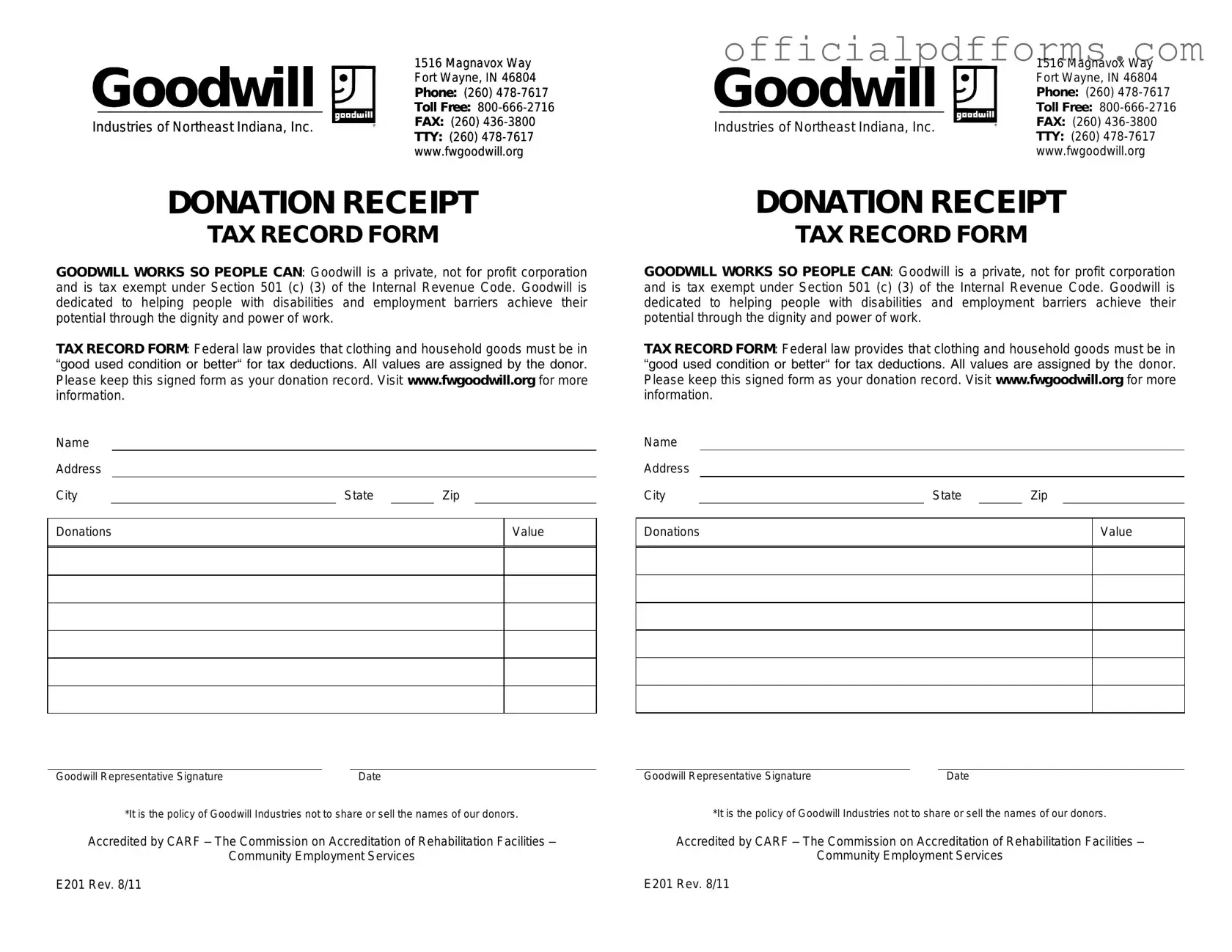 Fill in a Valid Goodwill donation receipt Form