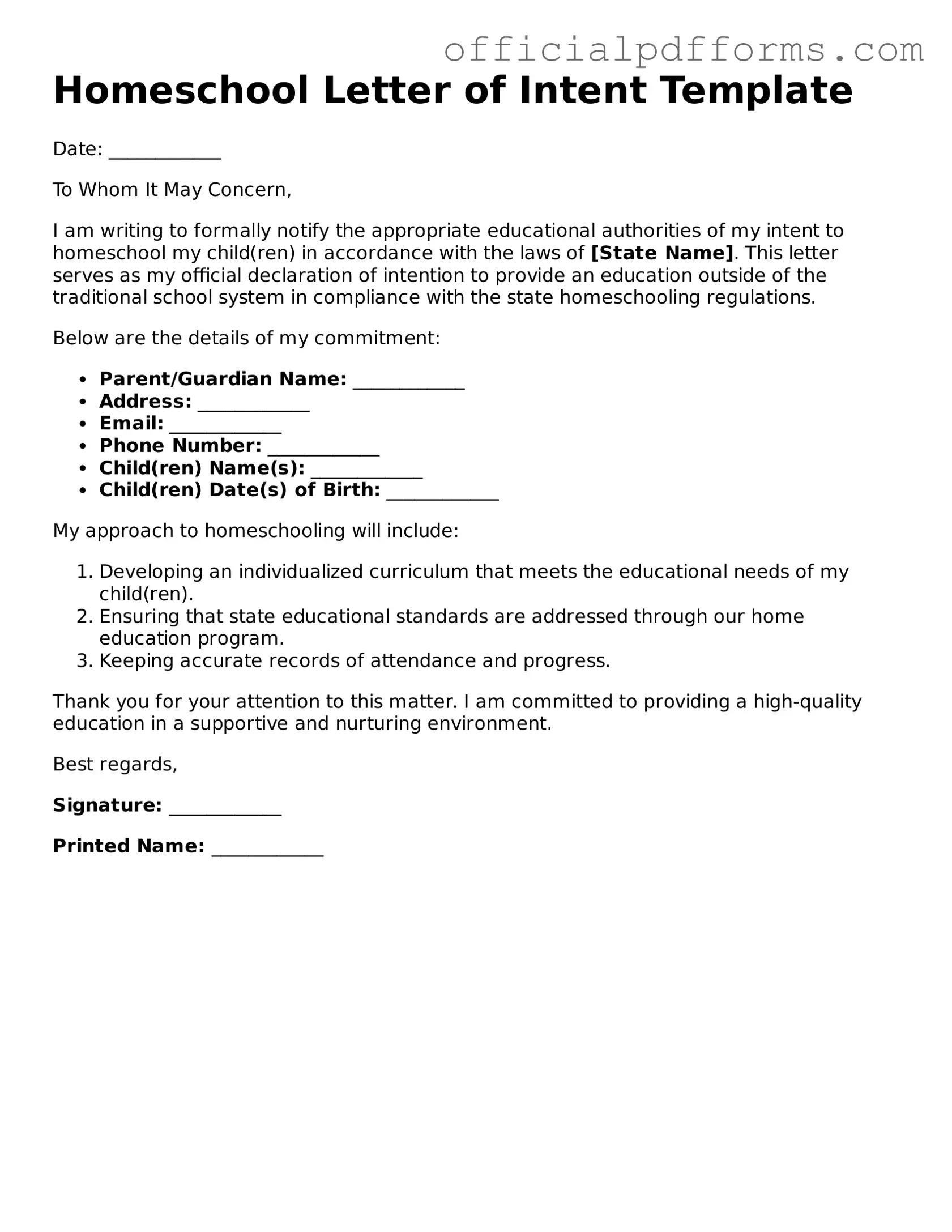 Valid Homeschool Letter of Intent Document