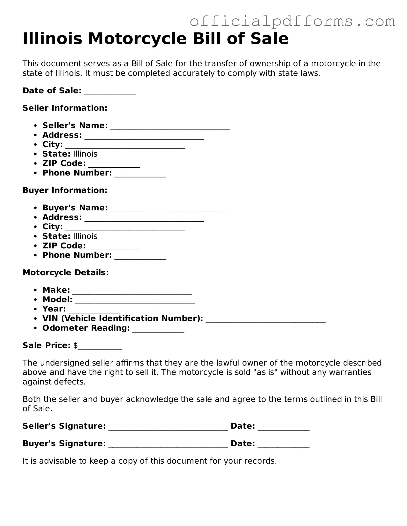 Printable Illinois Motorcycle Bill of Sale Template