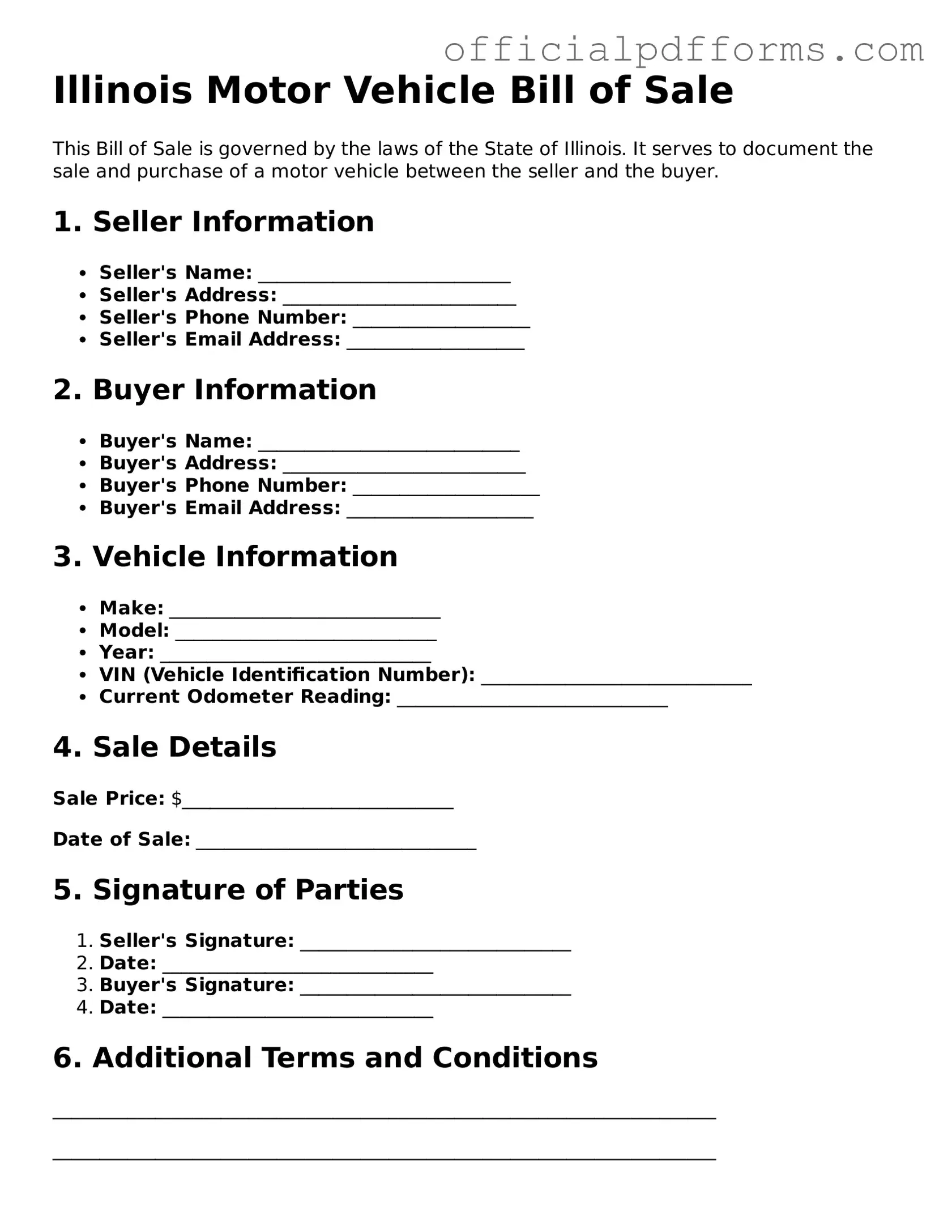 Printable Illinois Motor Vehicle Bill of Sale Template