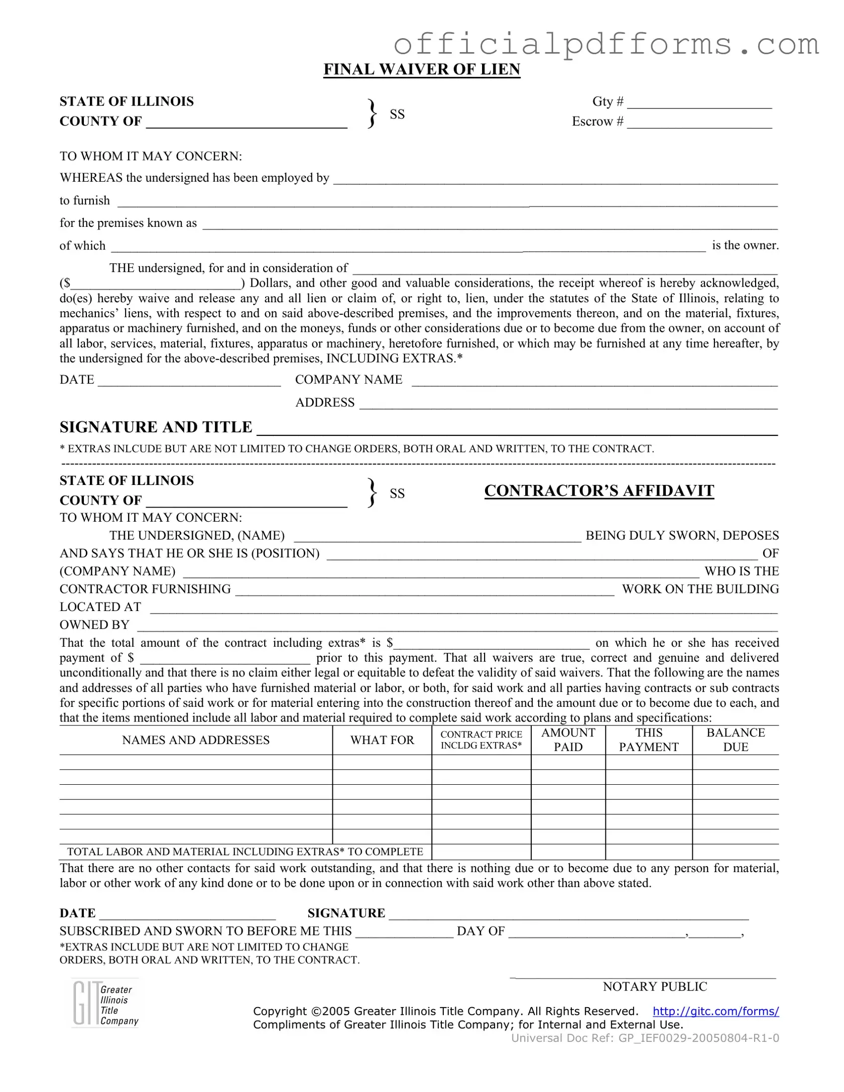 Fill in a Valid Illinois Final Waiver Of Lien Form