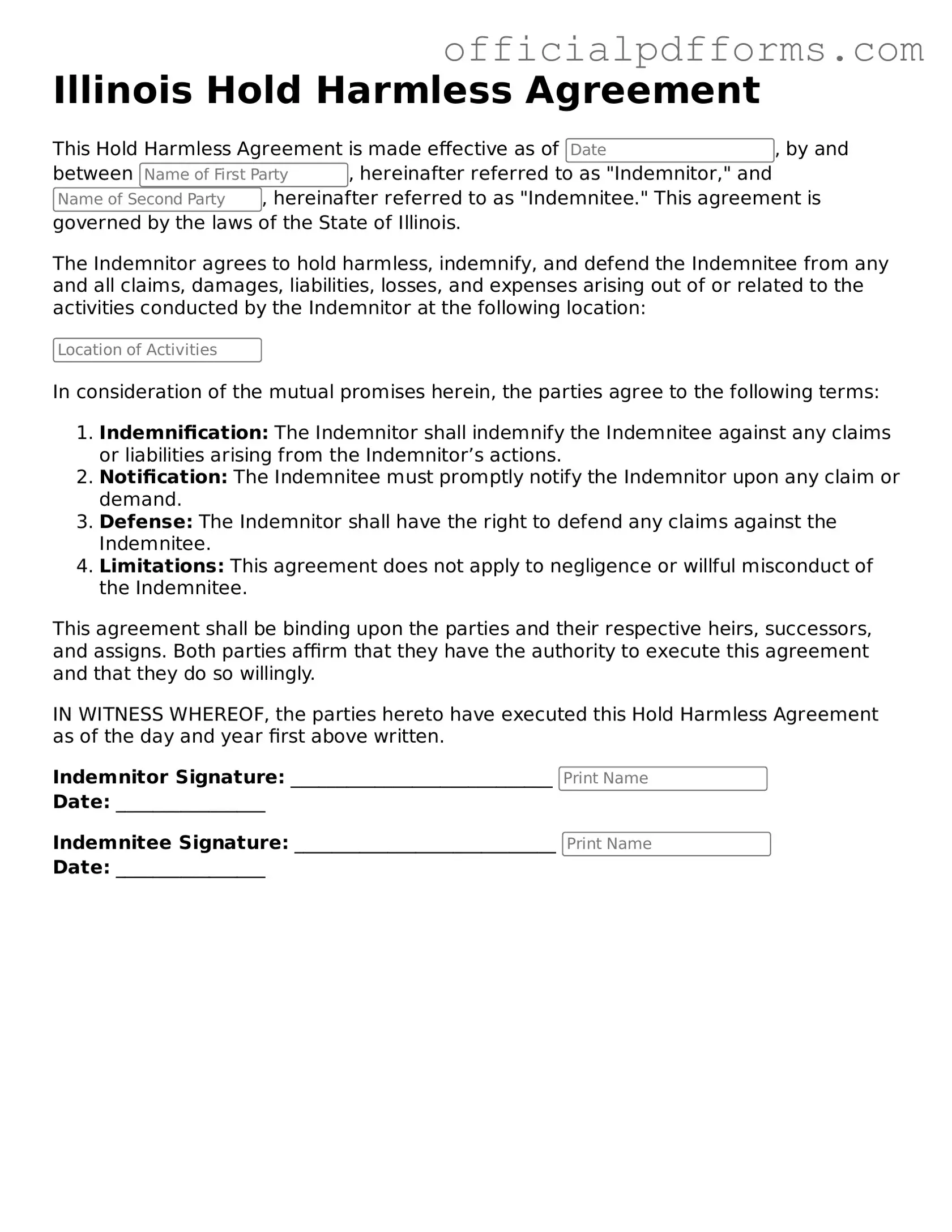 Printable Illinois Hold Harmless Agreement Template