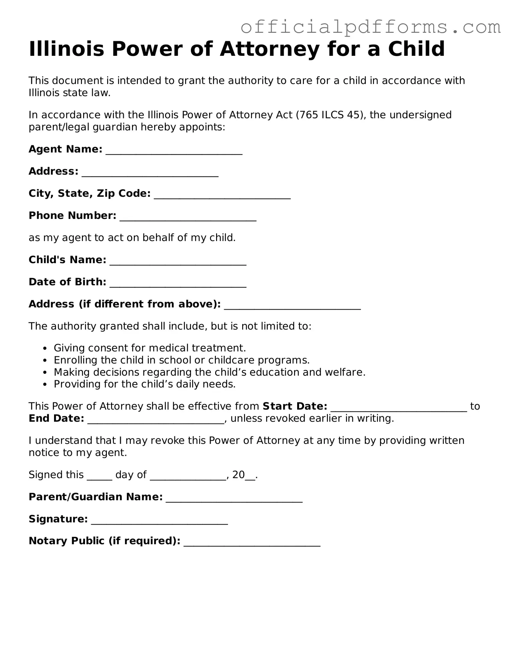 Printable Illinois Power of Attorney for a Child Template