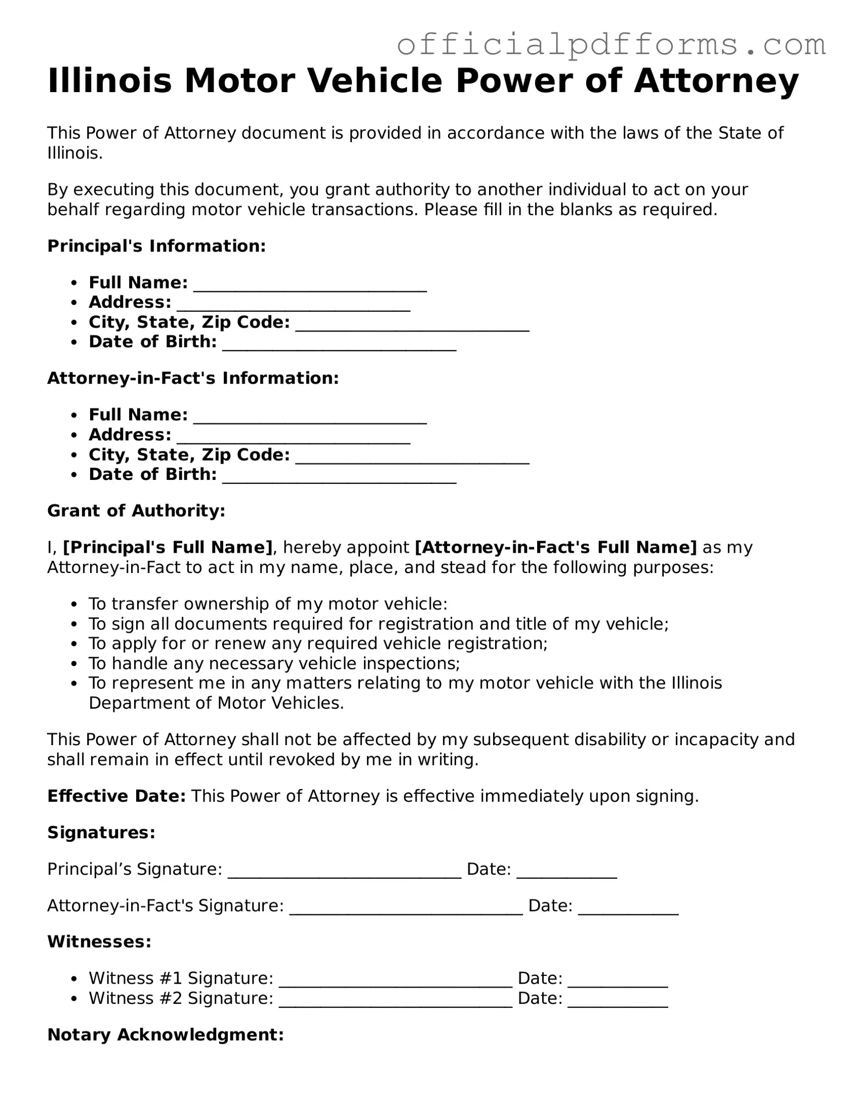Printable Illinois Motor Vehicle Power of Attorney Template