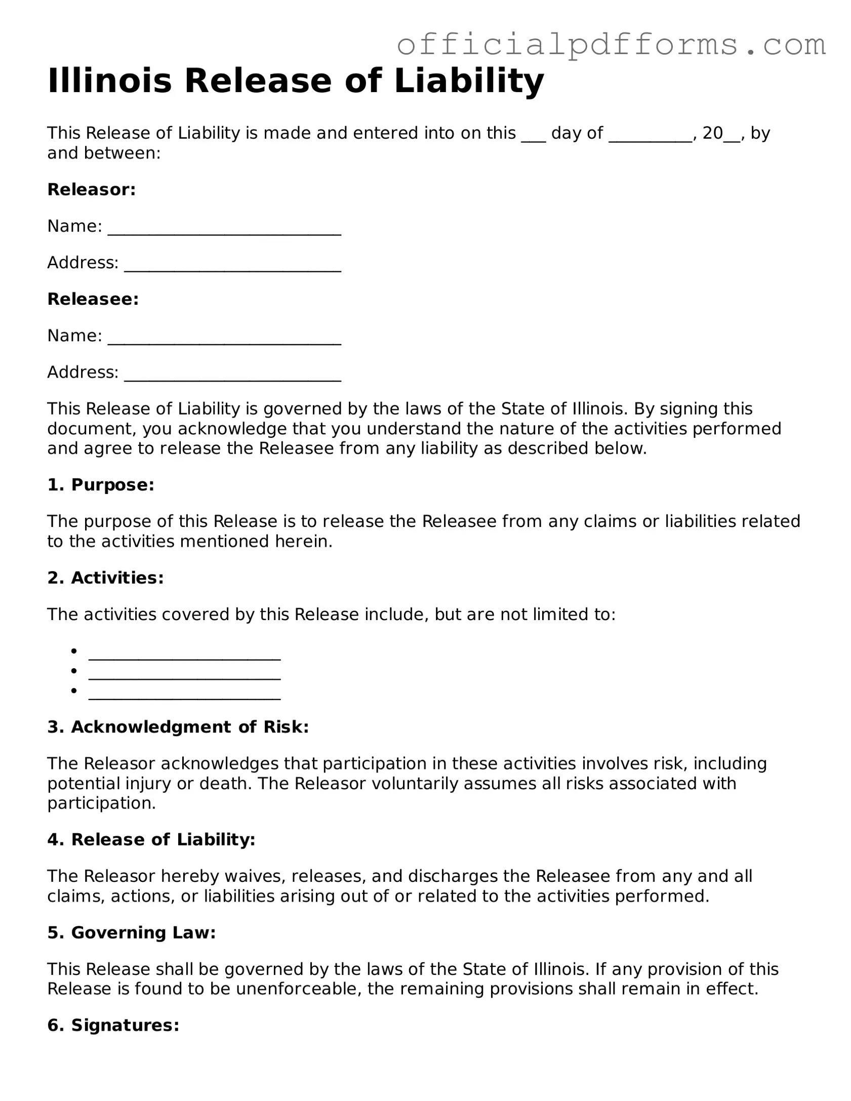 Printable Illinois Release of Liability Template