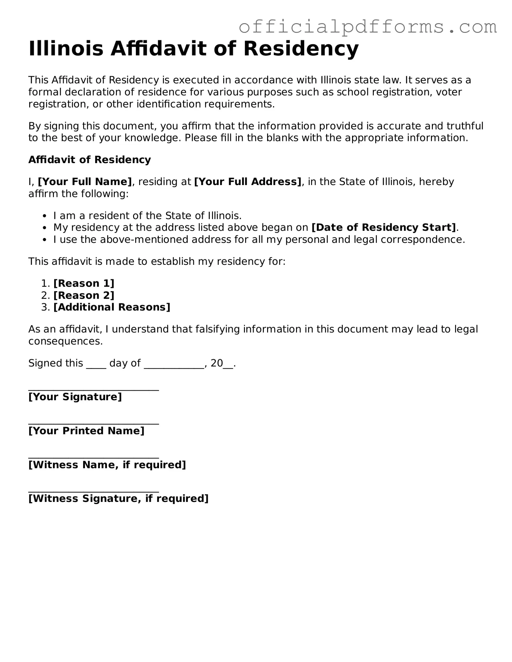 Printable Illinois Affidavit of Residency Template