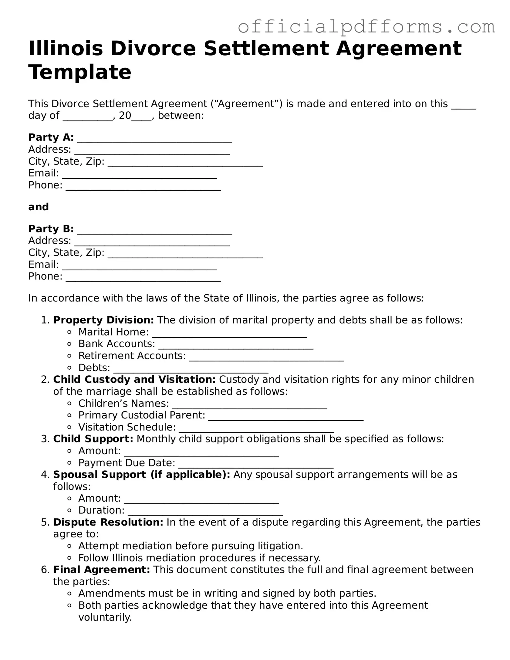 Printable Illinois Divorce Settlement Agreement Template