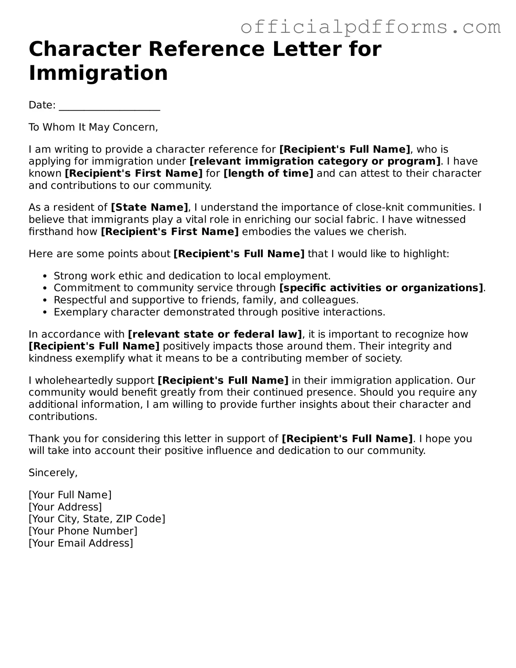 Valid Character Reference Letter for Immigration Document