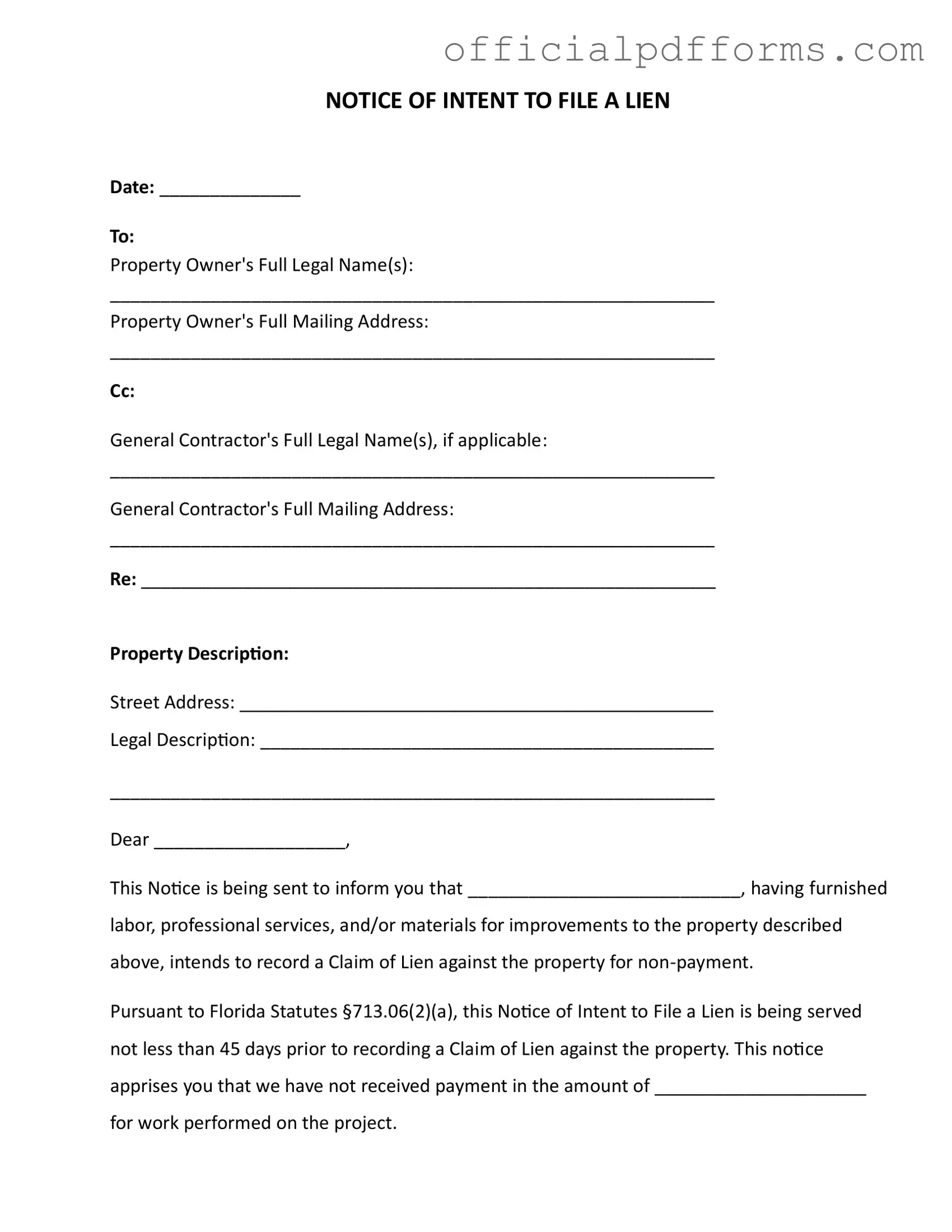 Fill in a Valid Intent To Lien Florida Form