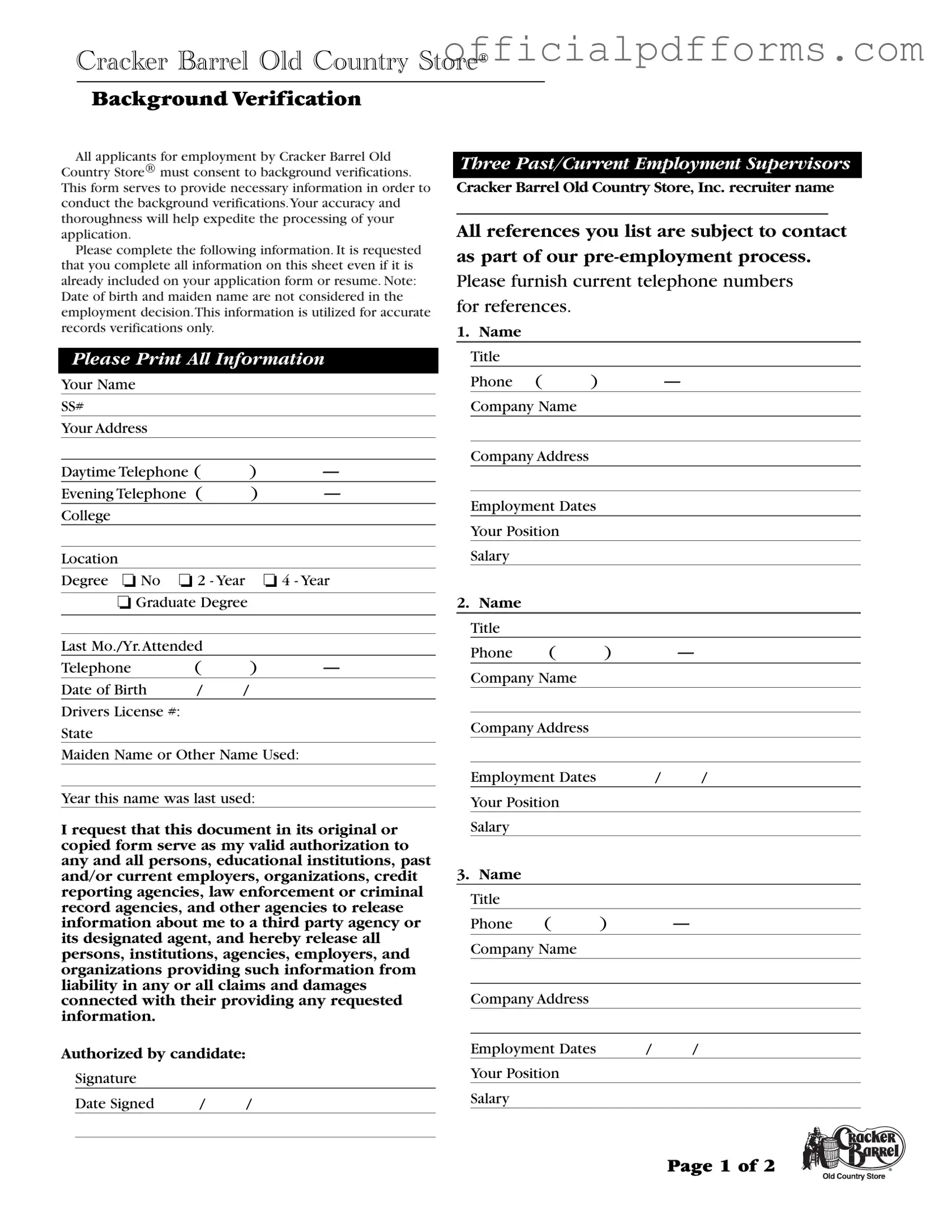 Fill in a Valid Cracker Barrel Background Check Form
