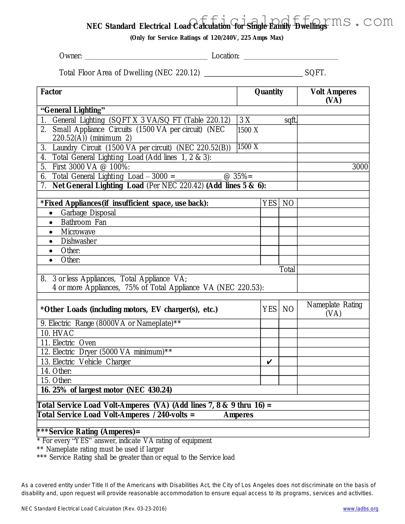 Fill in a Valid LADBS NEC Standard Electrical Load Calculation Form
