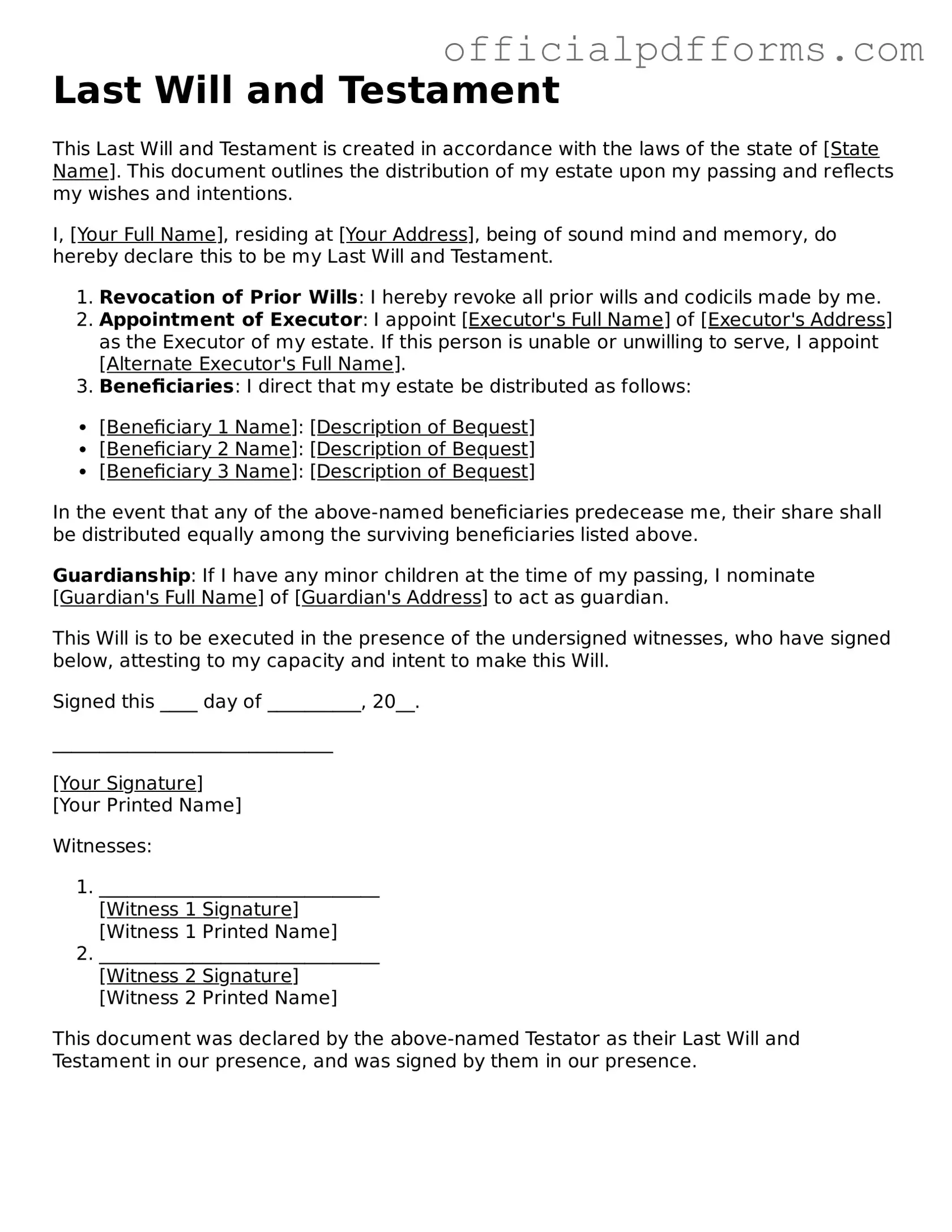 Valid Last Will and Testament Document