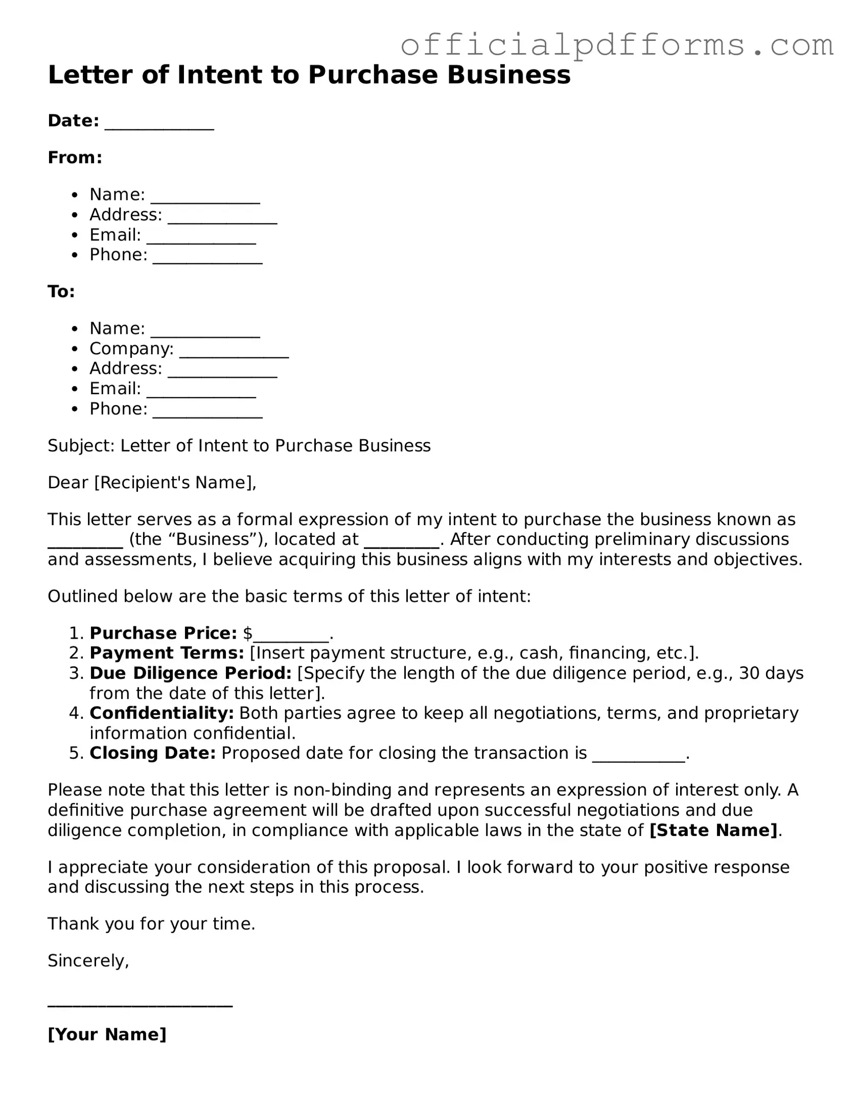 Valid Letter of Intent to Purchase Business Document