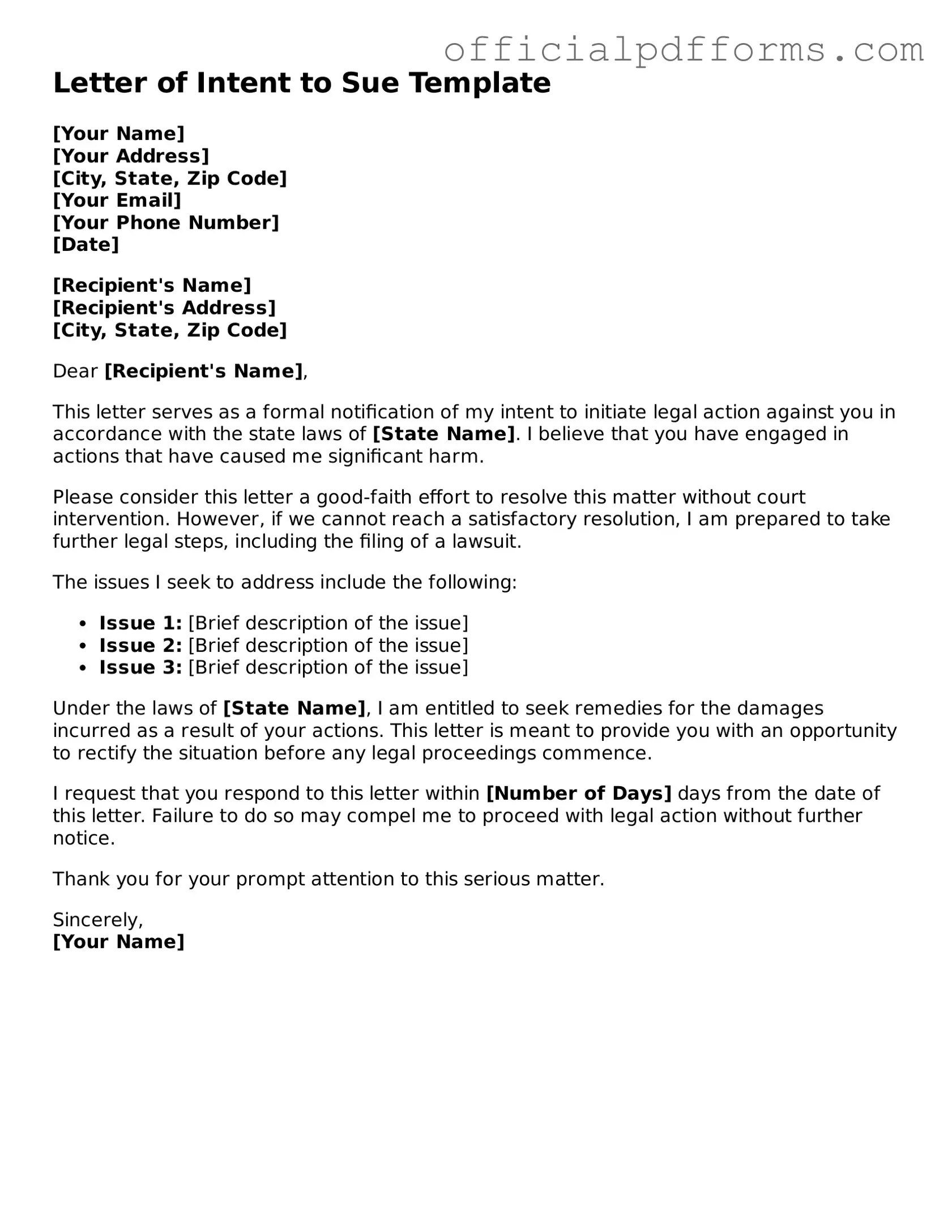 Valid Letter of Intent to Sue Document