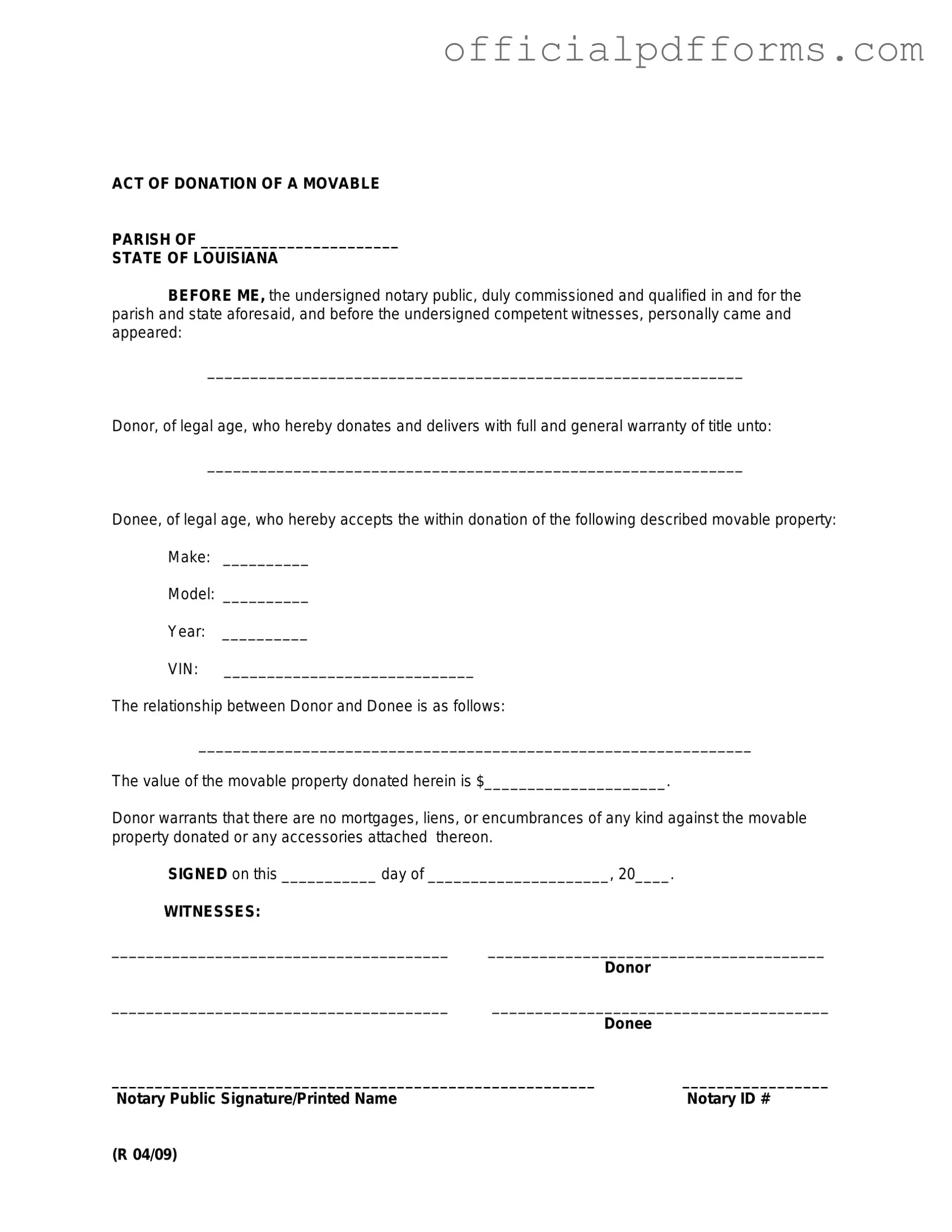 Fill in a Valid Louisiana act of donation Form