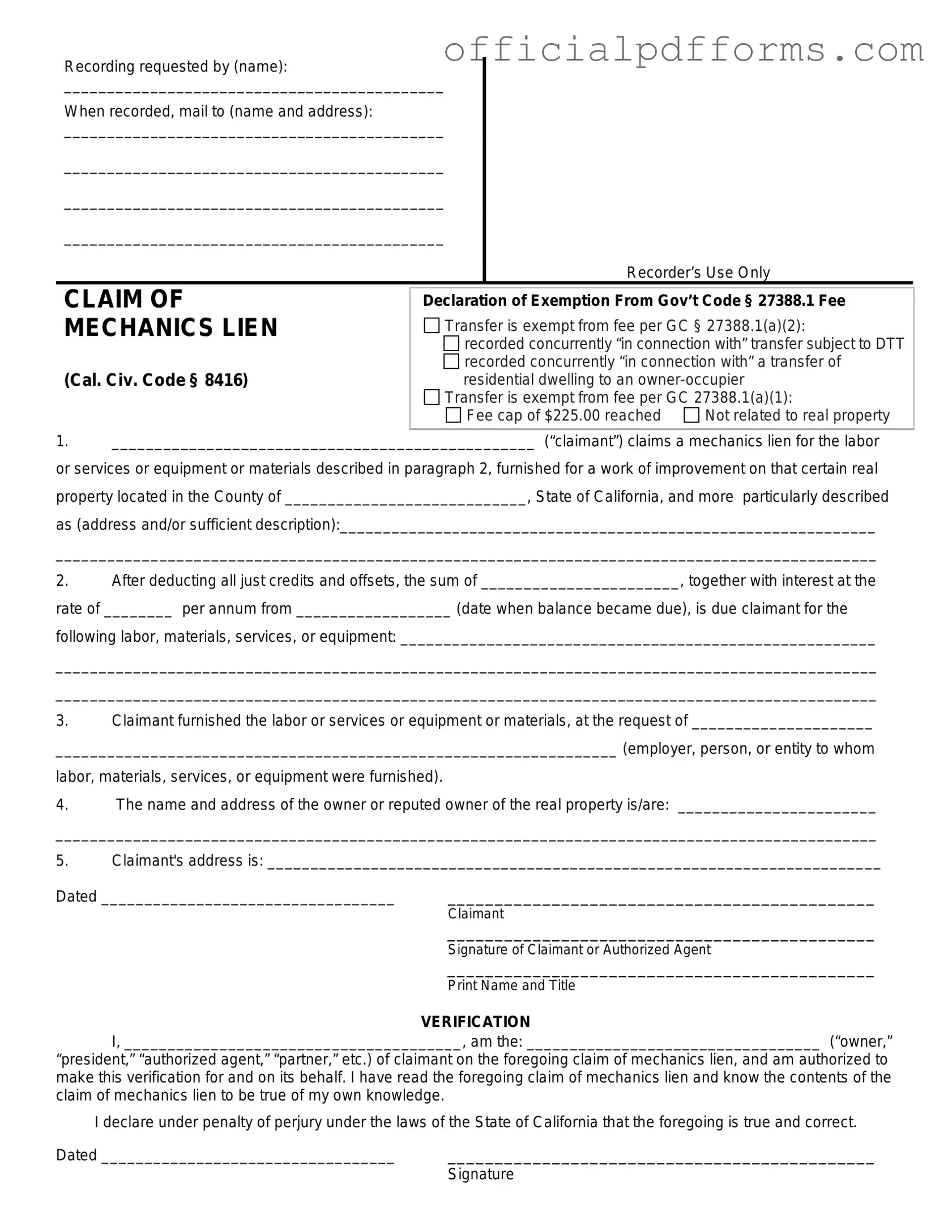Fill in a Valid Mechanics Lien California Form