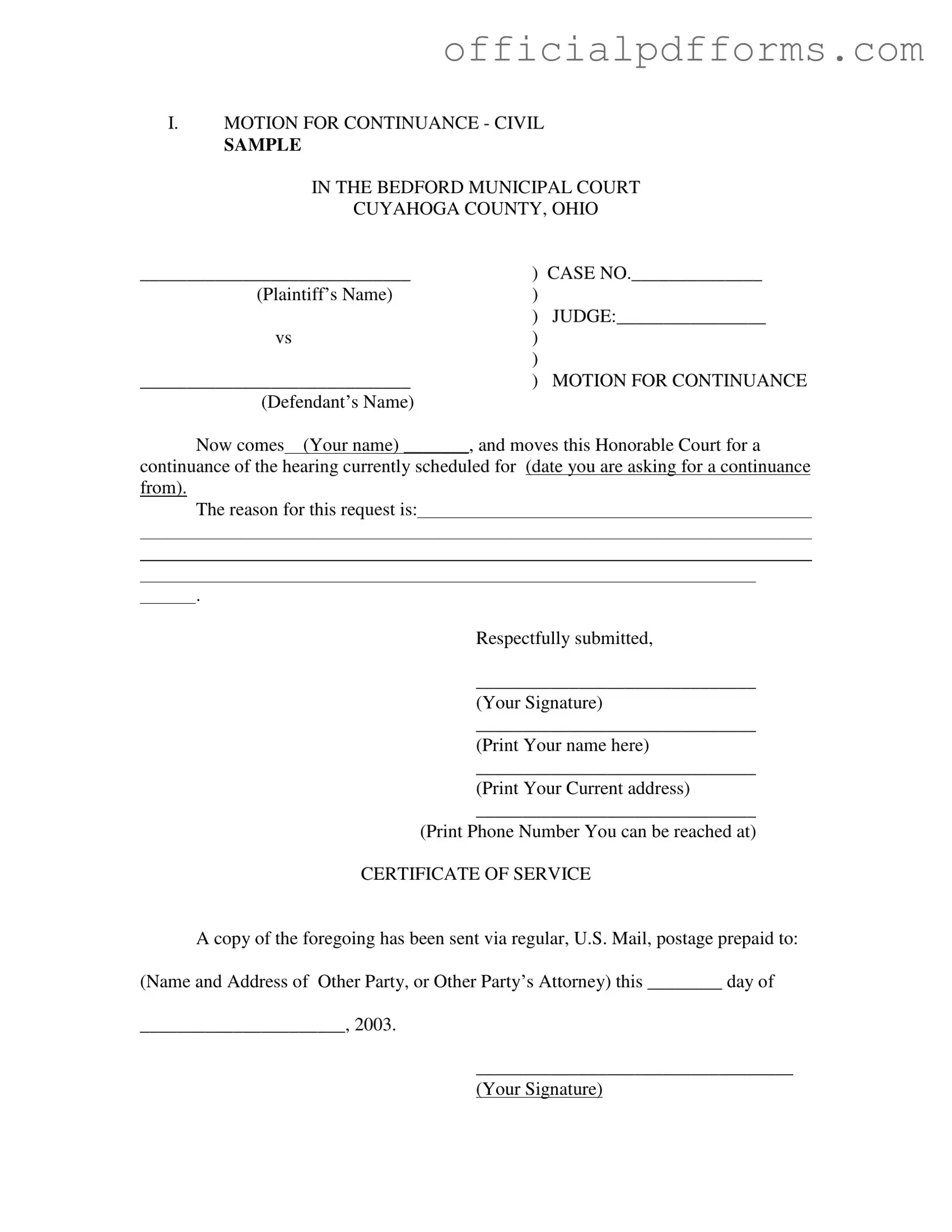 Fill in a Valid Motion For Continuance Form