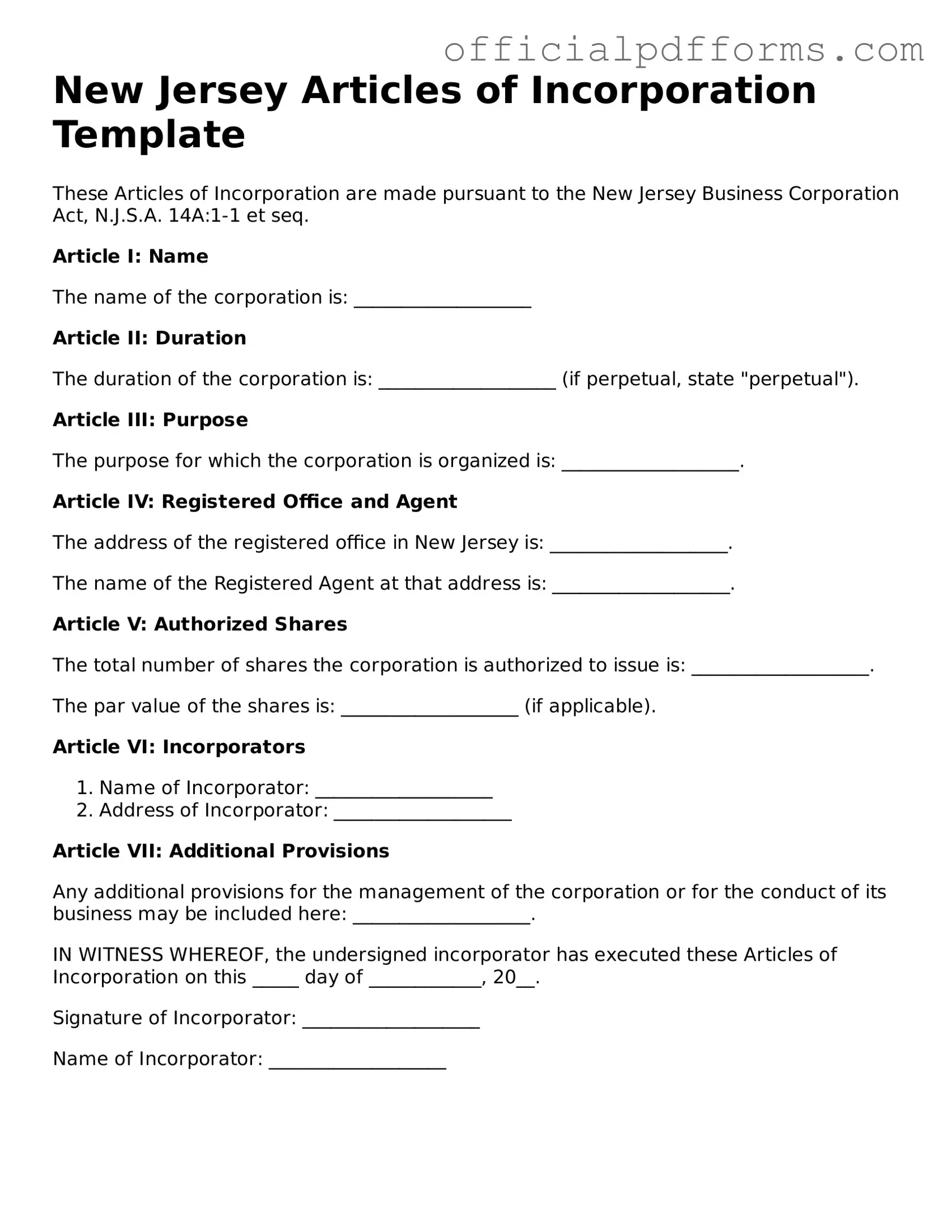 Printable New Jersey Articles of Incorporation Template