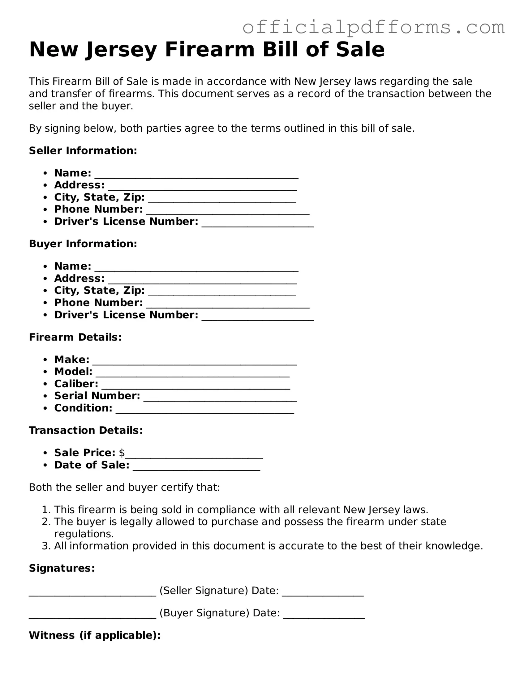 Printable New Jersey Firearm Bill of Sale Template