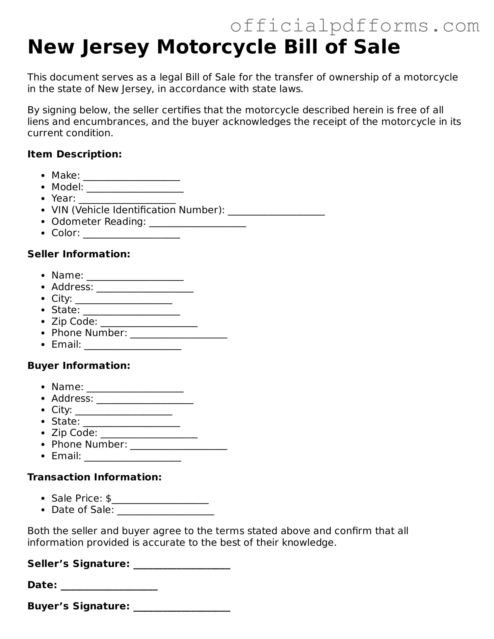 Printable New Jersey Motorcycle Bill of Sale Template