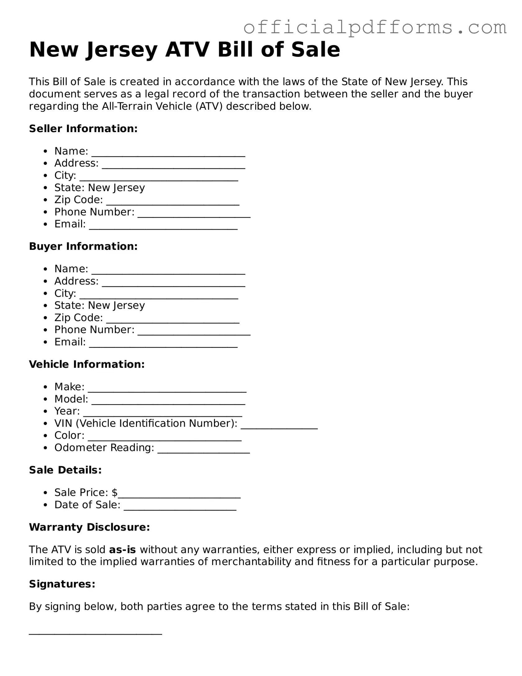 Printable New Jersey ATV Bill of Sale Template