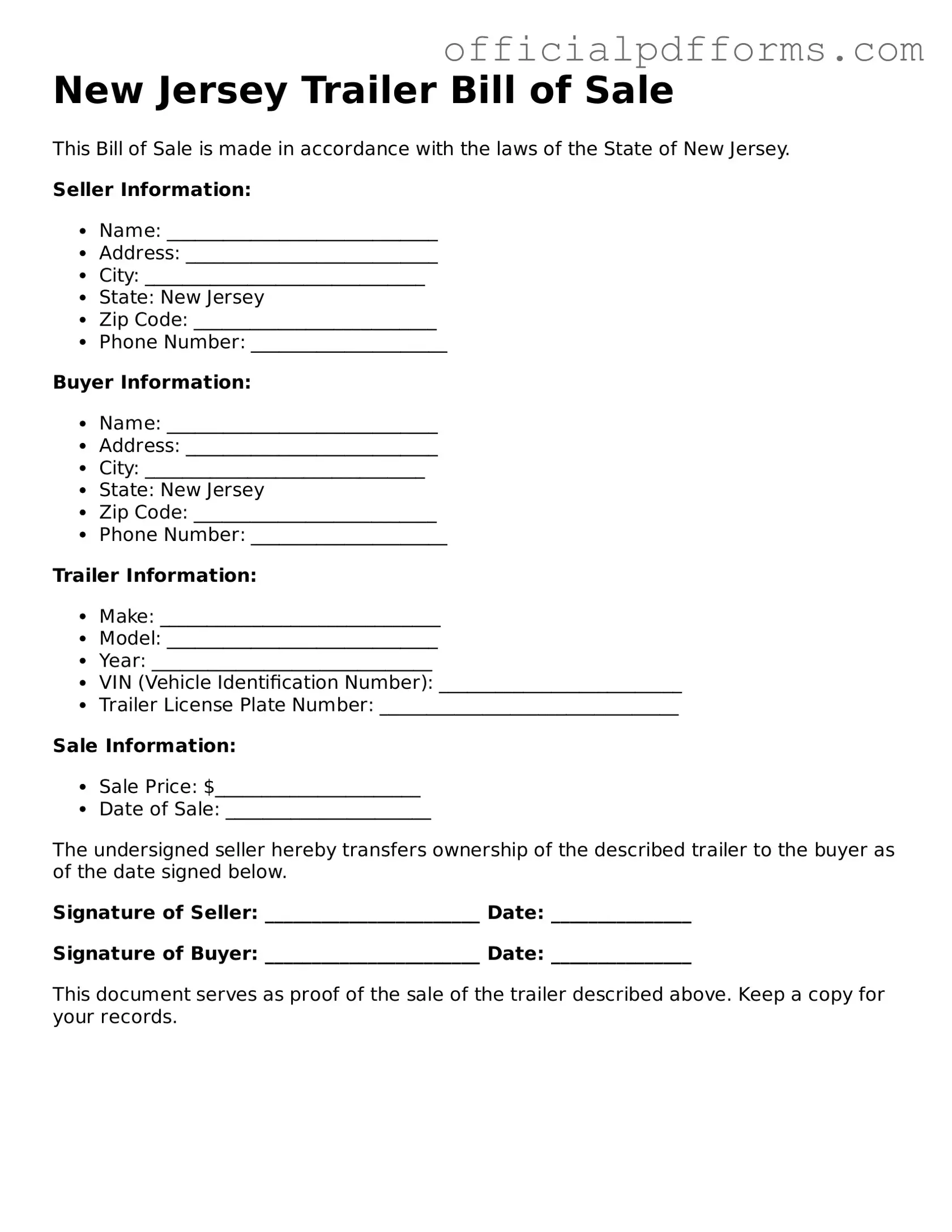 Printable New Jersey Trailer Bill of Sale Template