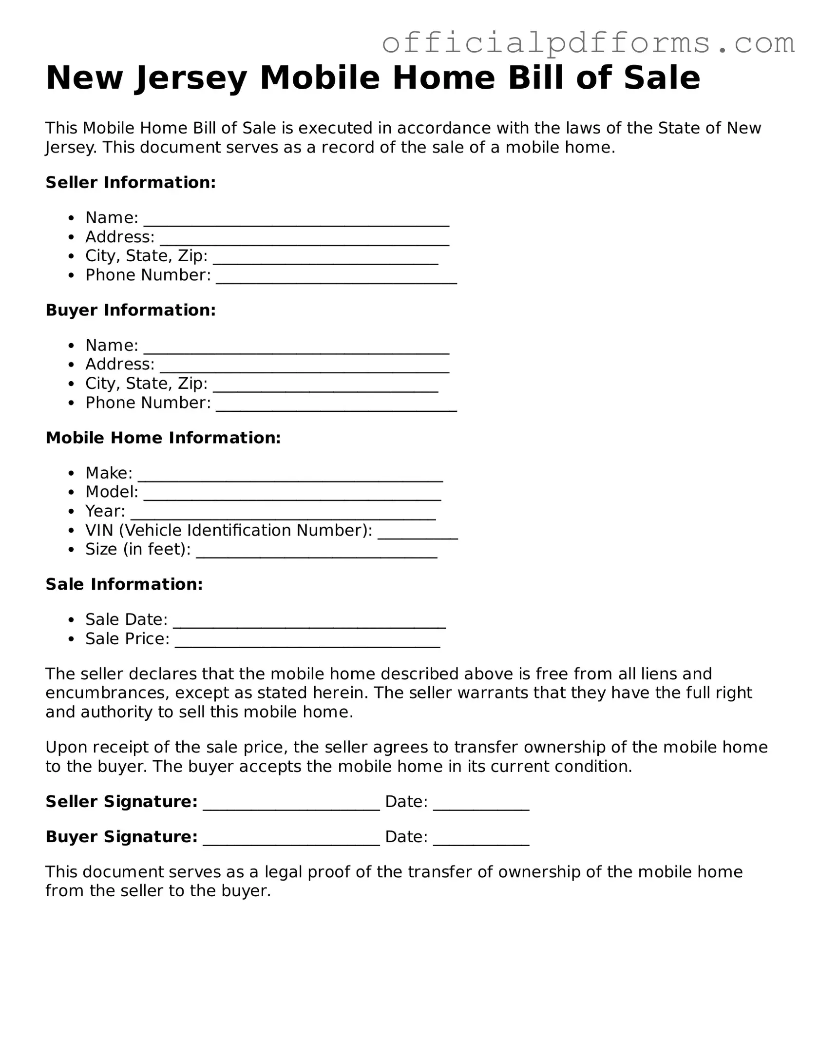 Printable New Jersey Mobile Home Bill of Sale Template
