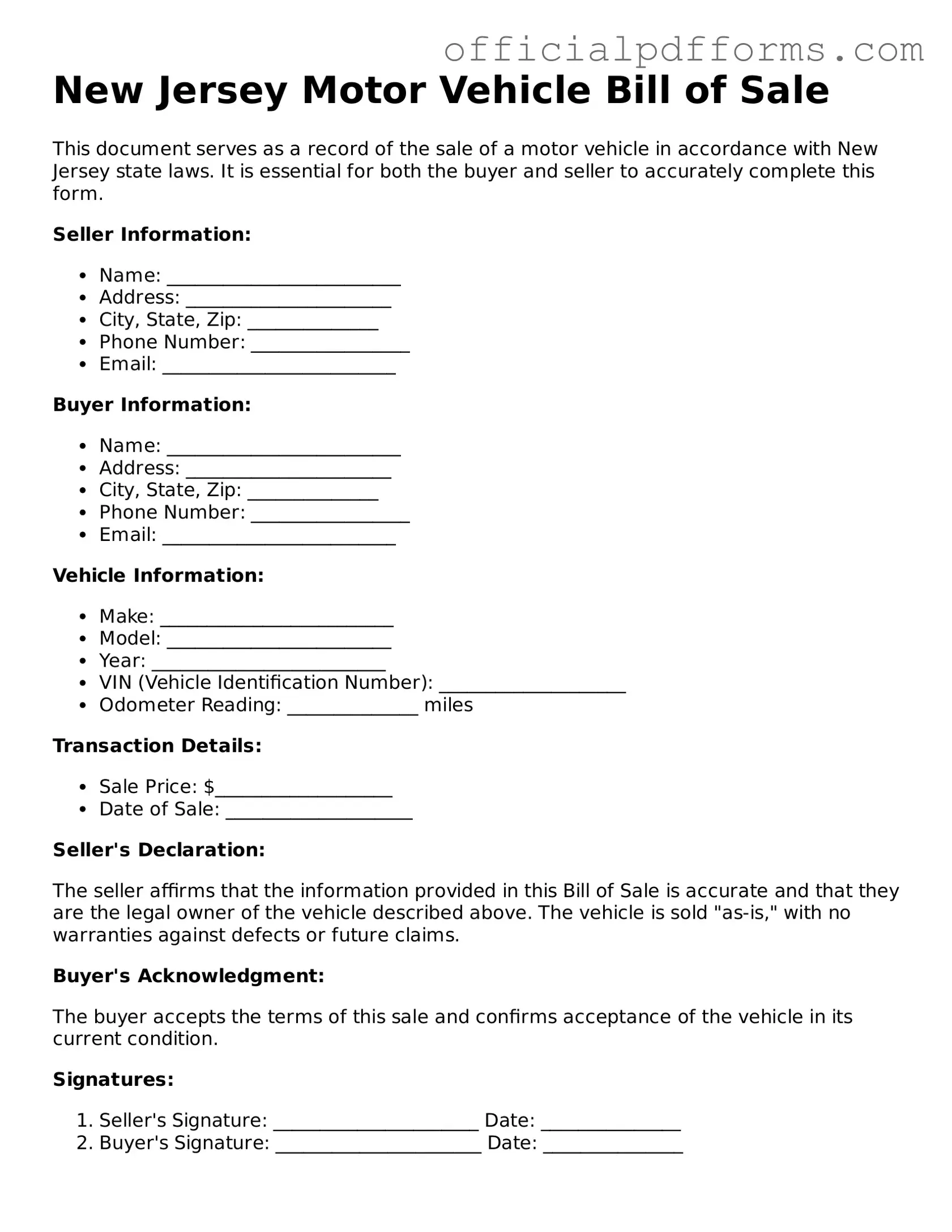 Printable New Jersey Motor Vehicle Bill of Sale Template