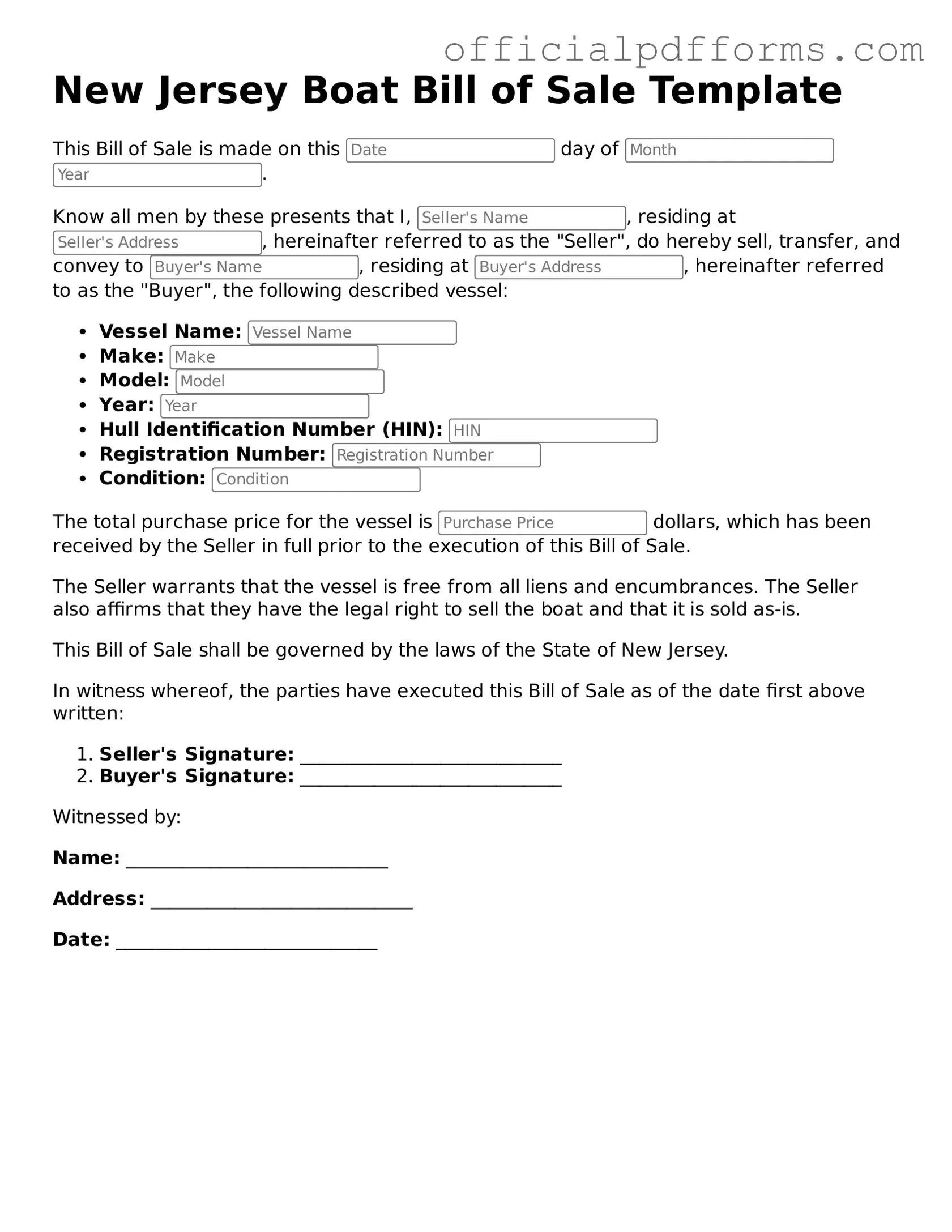 Printable New Jersey Boat Bill of Sale Template