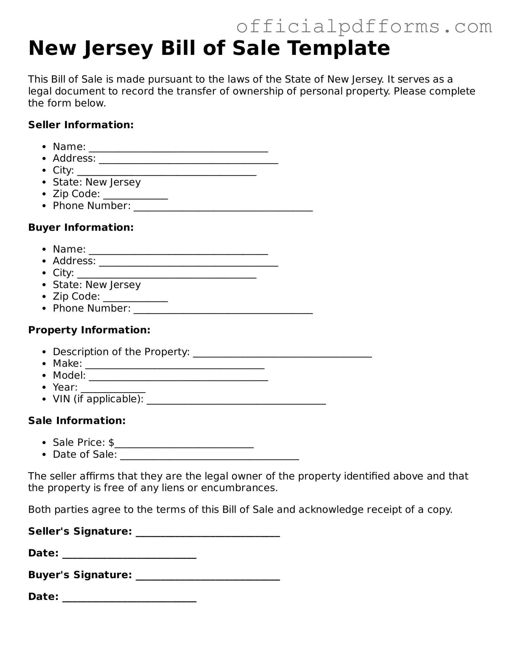 Printable New Jersey Bill of Sale Template