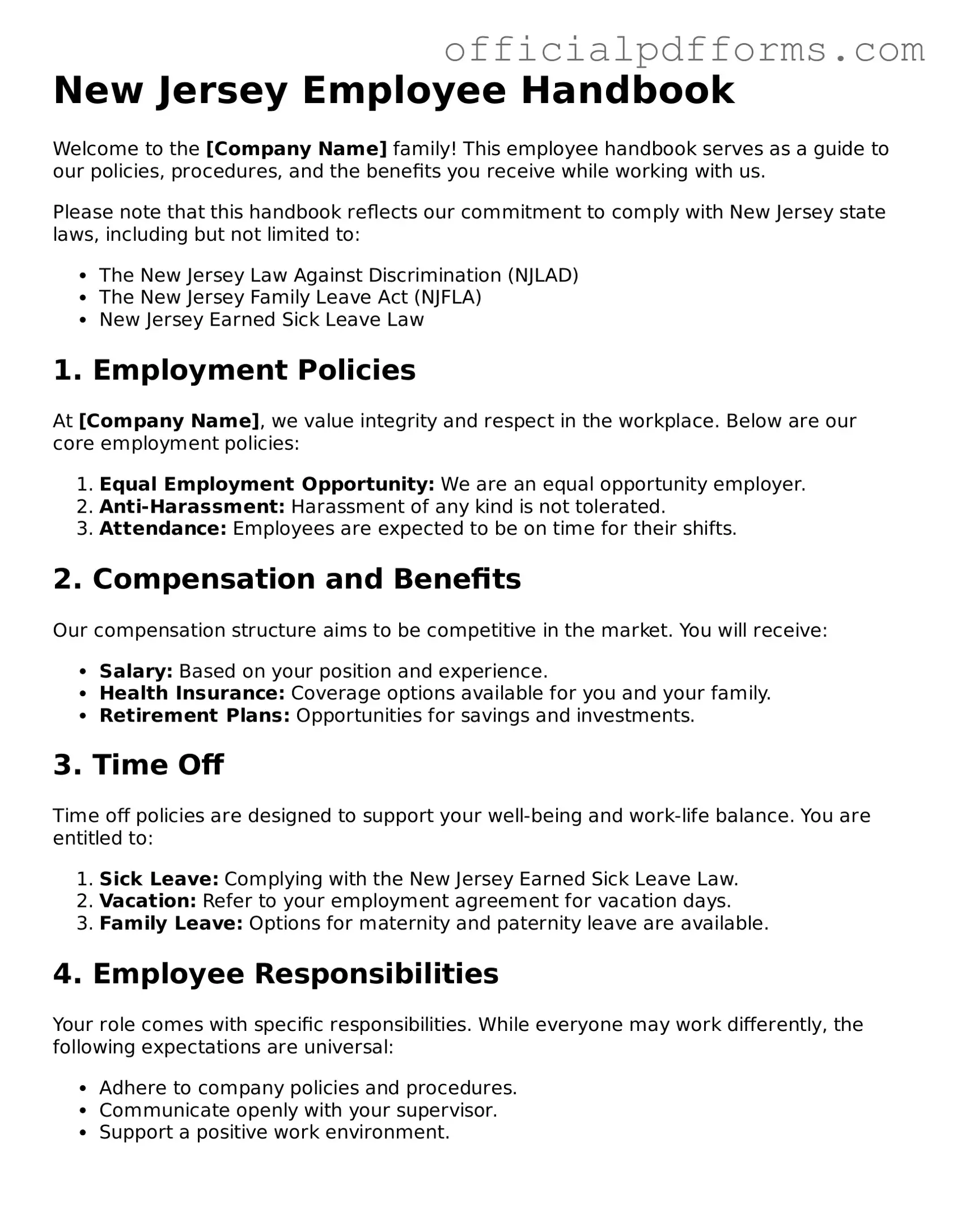 Printable New Jersey Employee Handbook Template