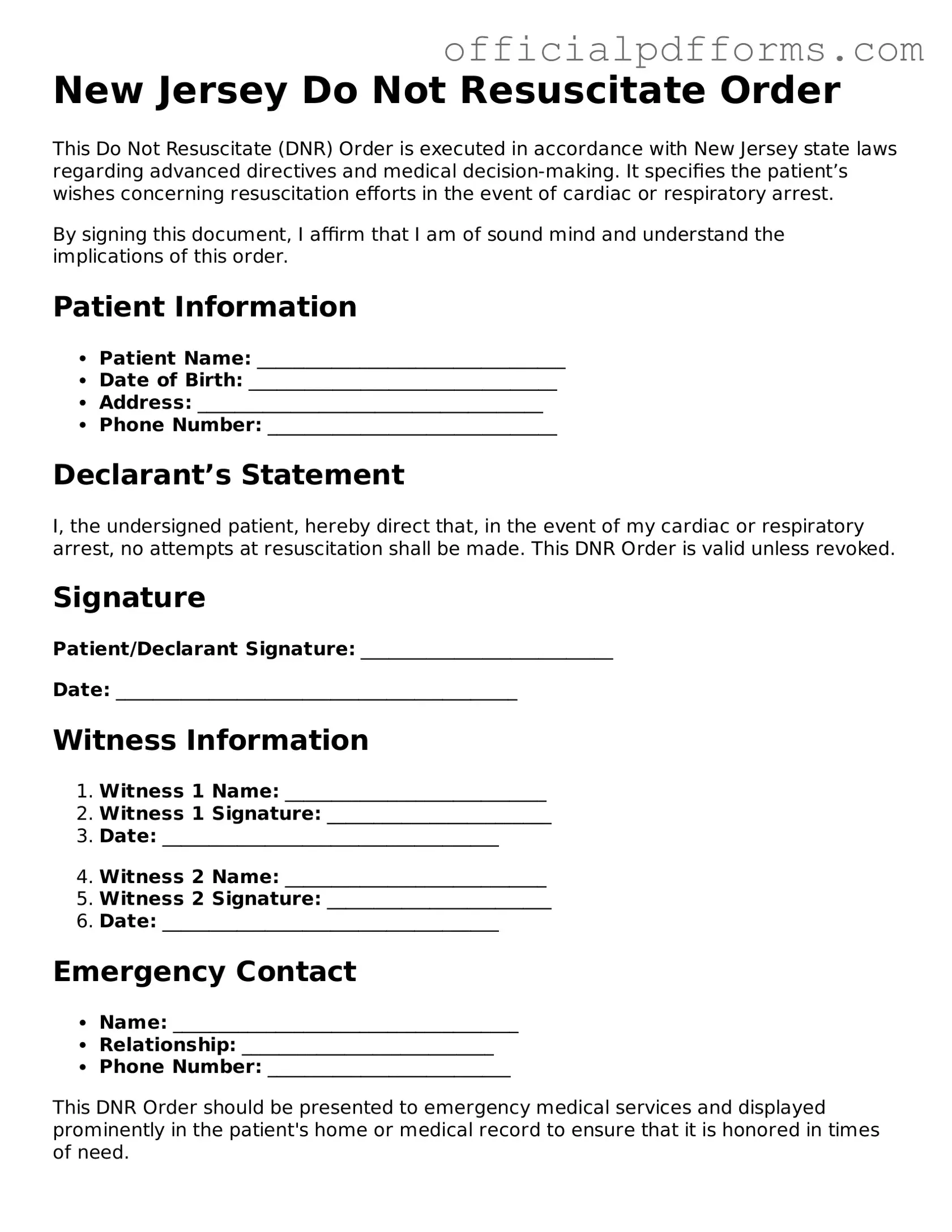 Printable New Jersey Do Not Resuscitate Order Template