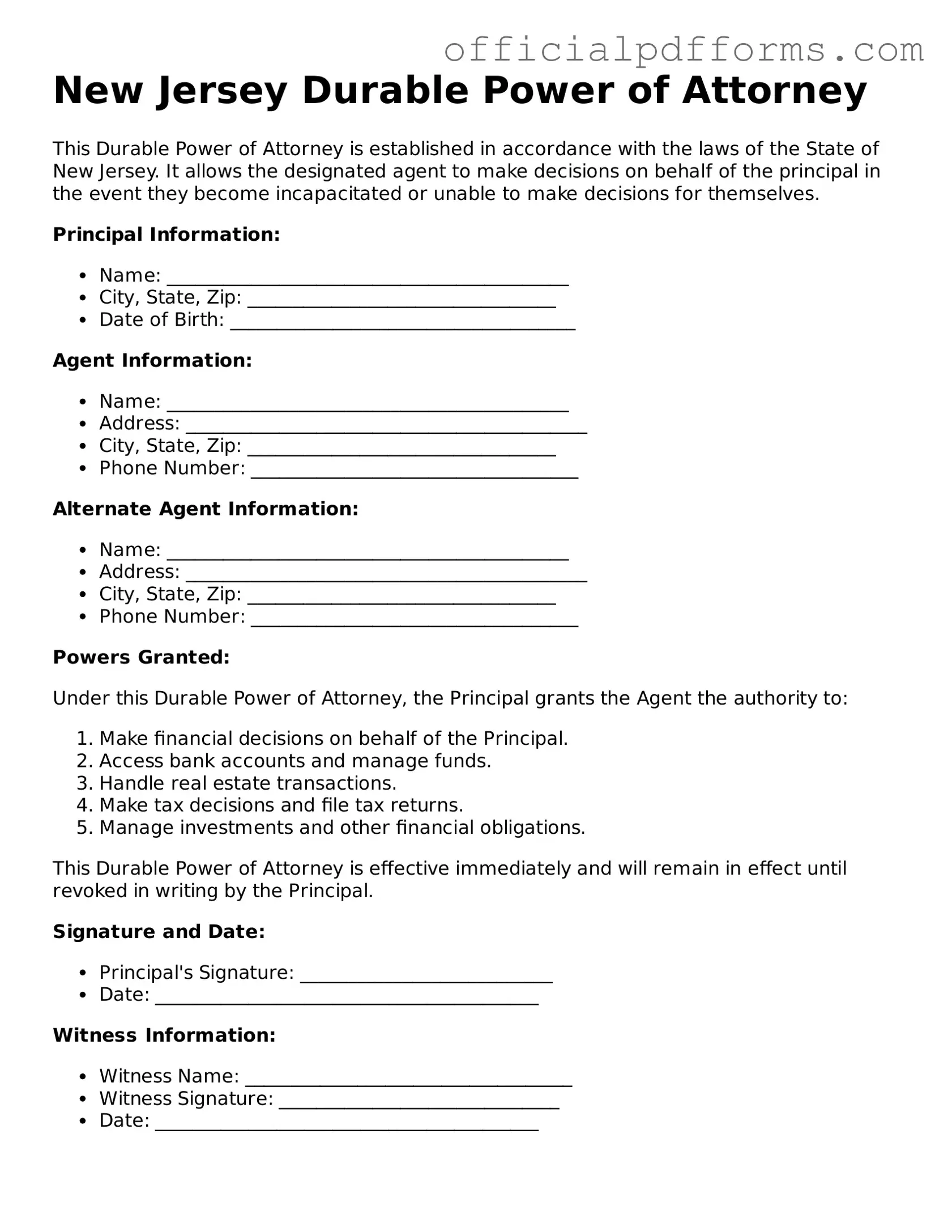 Printable New Jersey Durable Power of Attorney Template