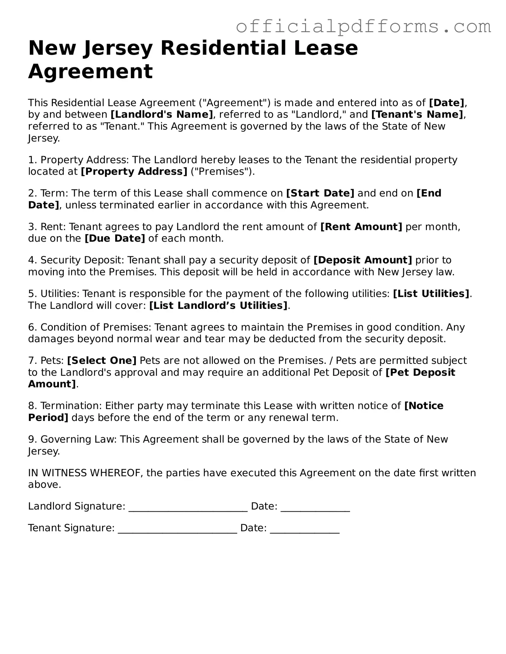 Printable New Jersey Residential Lease Agreement Template
