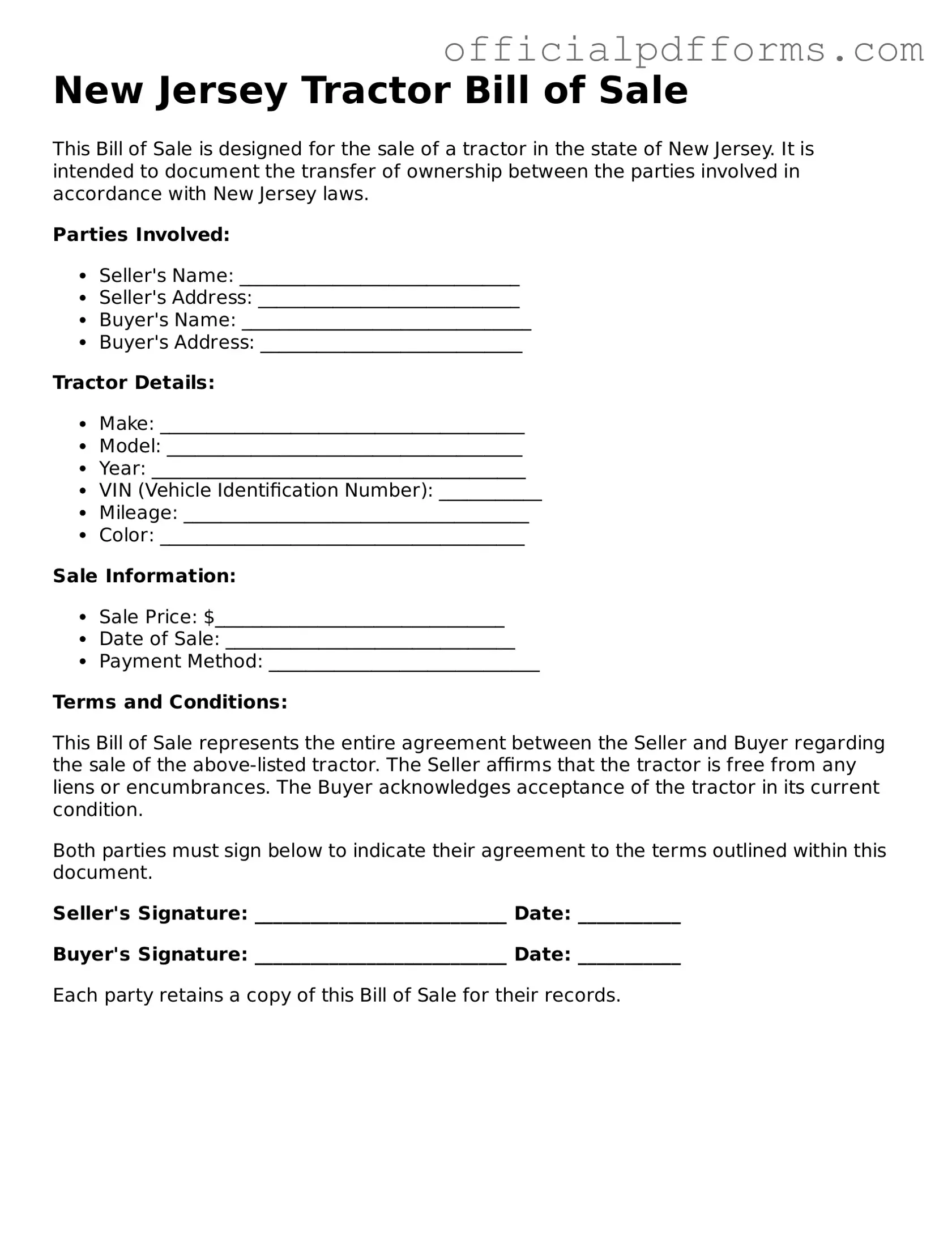 Printable New Jersey Tractor Bill of Sale Template