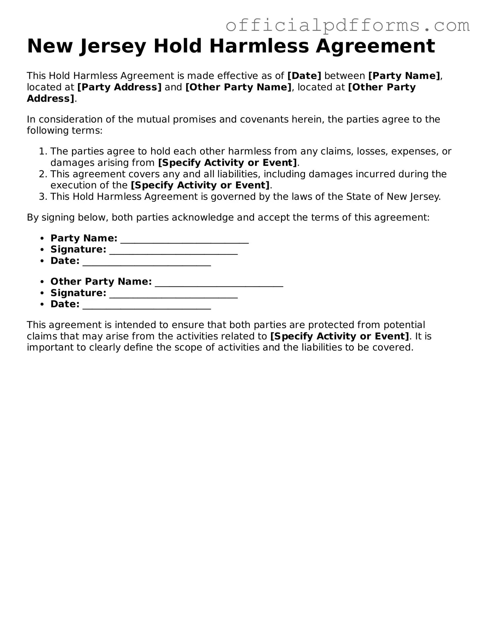 Printable New Jersey Hold Harmless Agreement Template