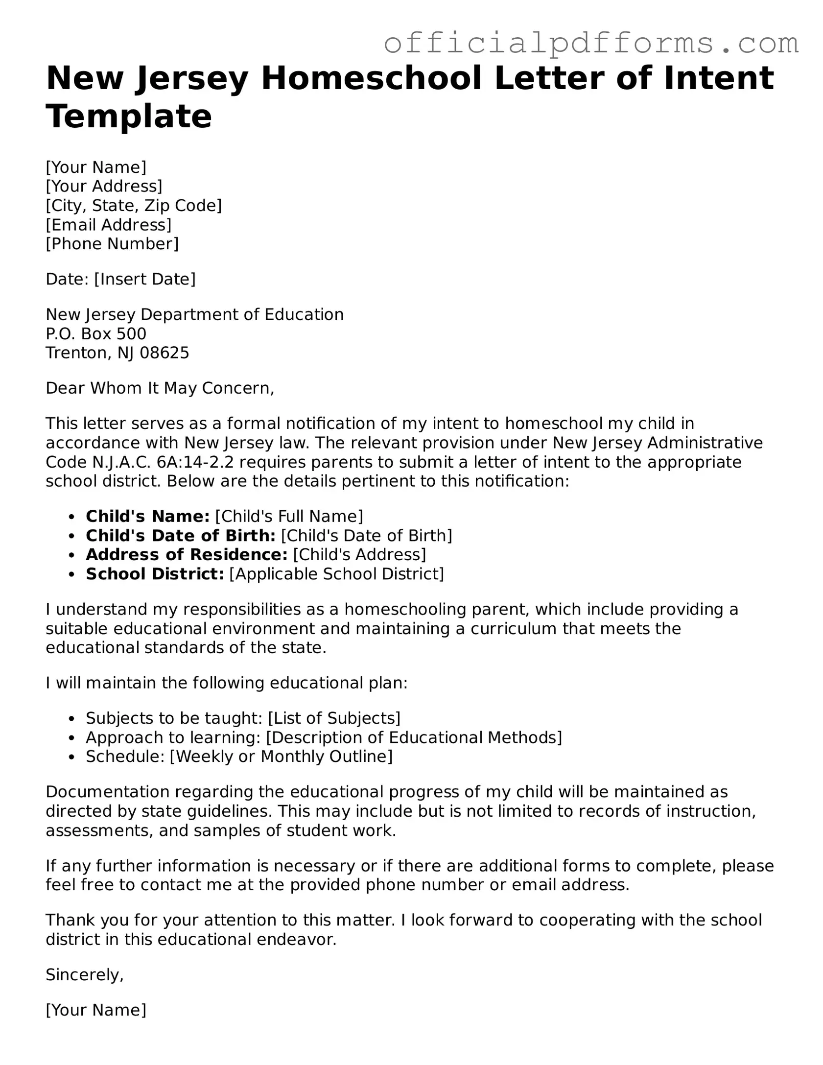 Printable New Jersey Homeschool Letter of Intent Template