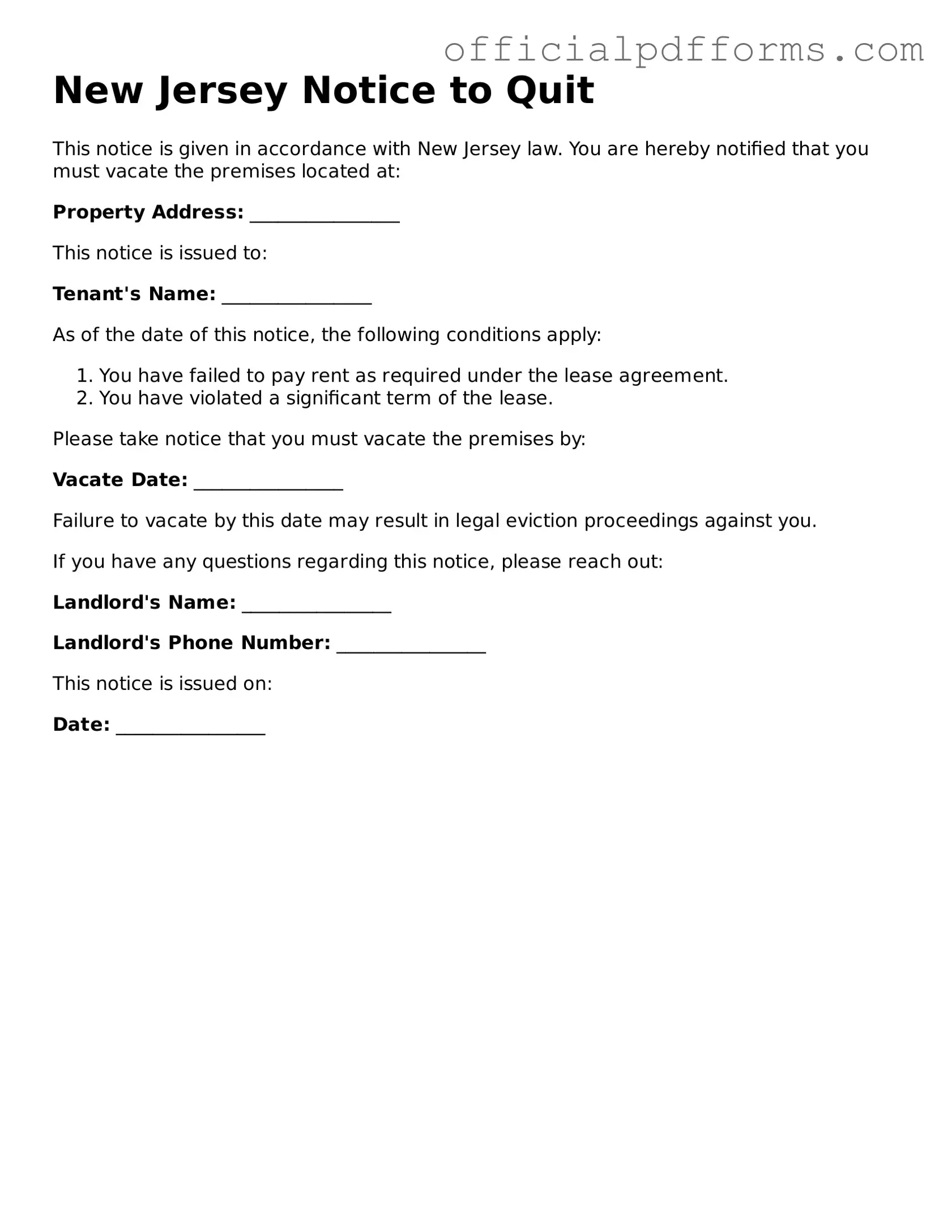 Printable New Jersey Notice to Quit Template