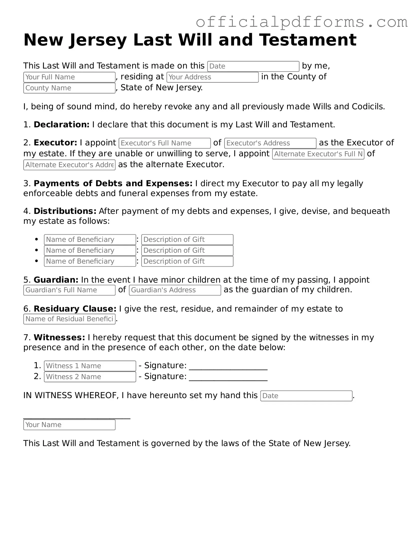 Printable New Jersey Last Will and Testament Template